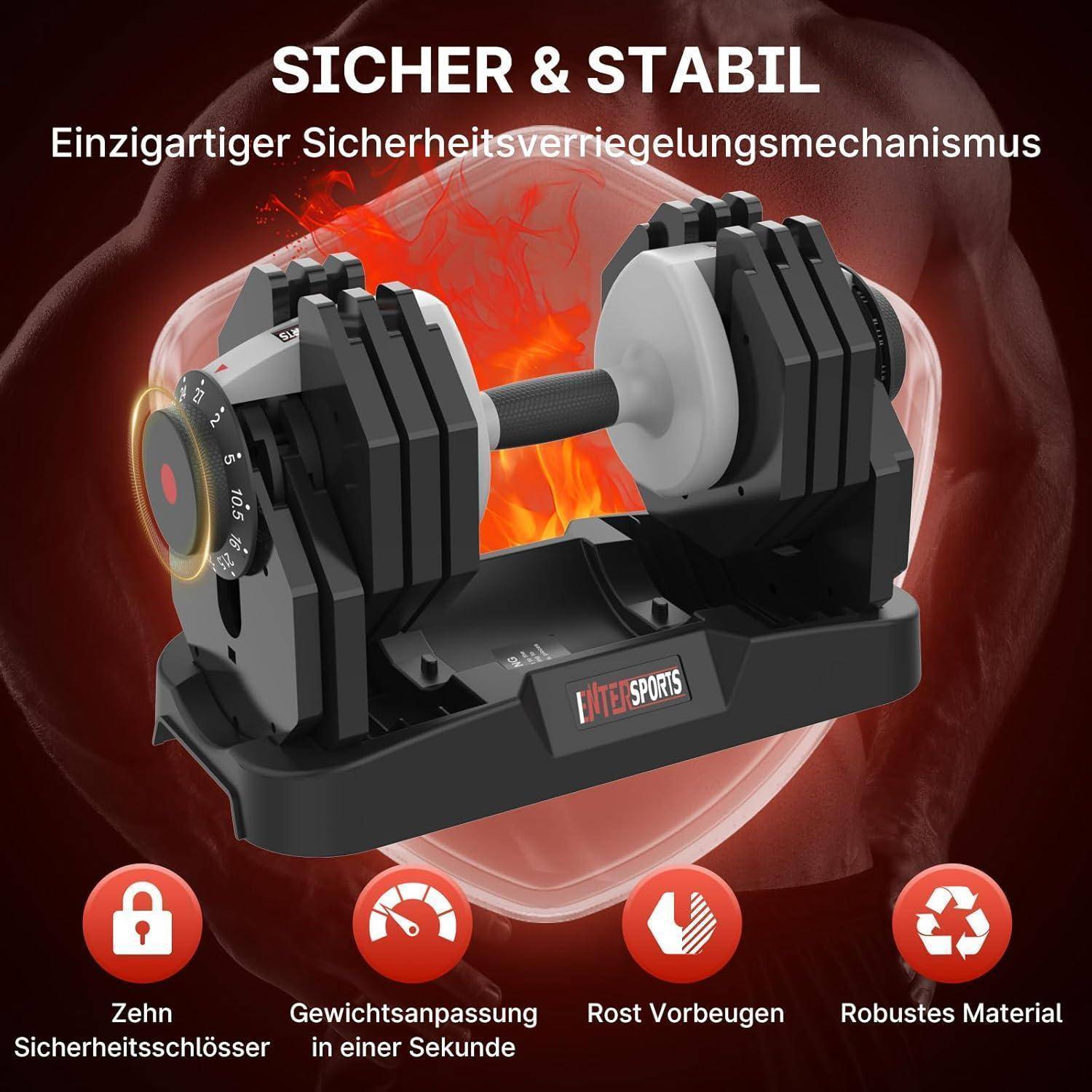 Verstellbare Hantel mit einzigartigem Verschlussmechanismus, schneller Gewichtsanpassung, Rostschutz, robustem Material.