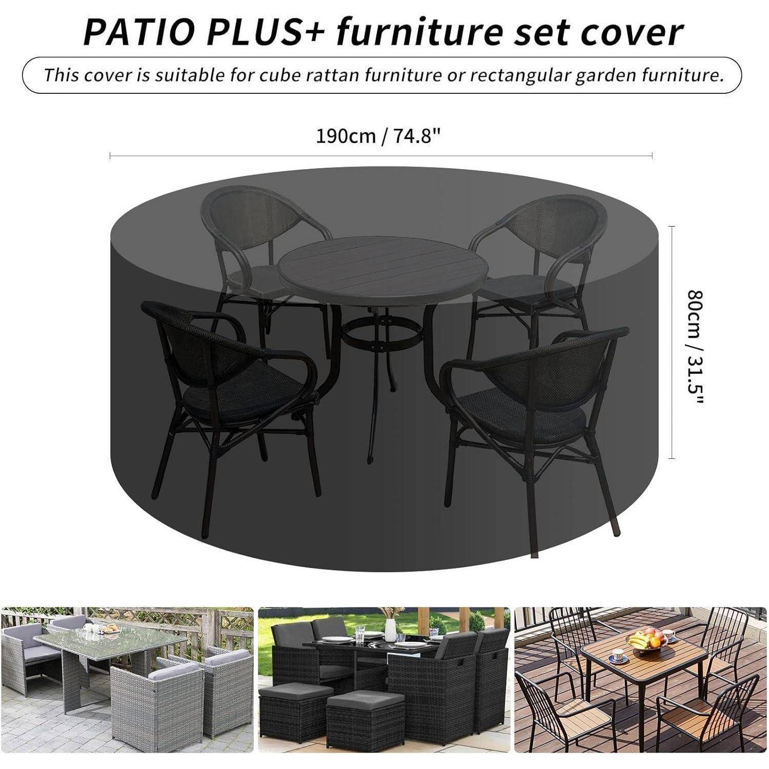 PATIO PLUS+ Möbel-Set Abdeckung', runde Abdeckung mit einem Durchmesser von 190 cm und einer Höhe von 80 cm. Geeignet für Würfel Rattan oder rechteckige Gartenmöbel. Abbildungen zeigen abgedeckte Tische und Stühle in verschiedenen Umgebungen.