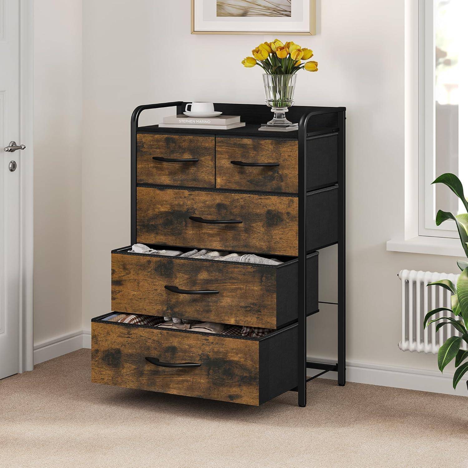 Kommode 5 Schubladen Stoff Schlafzimmer Wohnzimmer Rustikal Braun