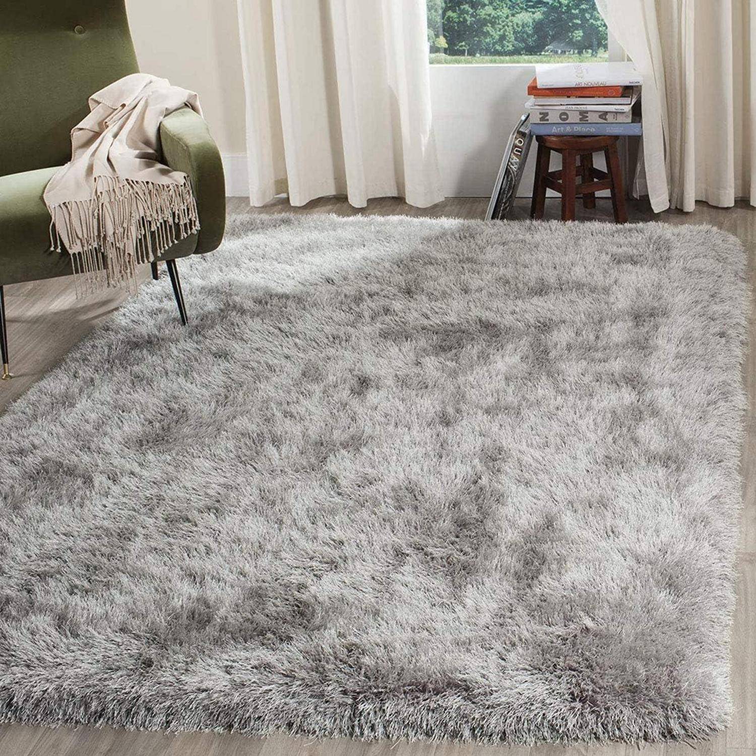 Teppich Rund Flauschig Rutschfest 200 x 300 cm Rechteckig Grau Weiß