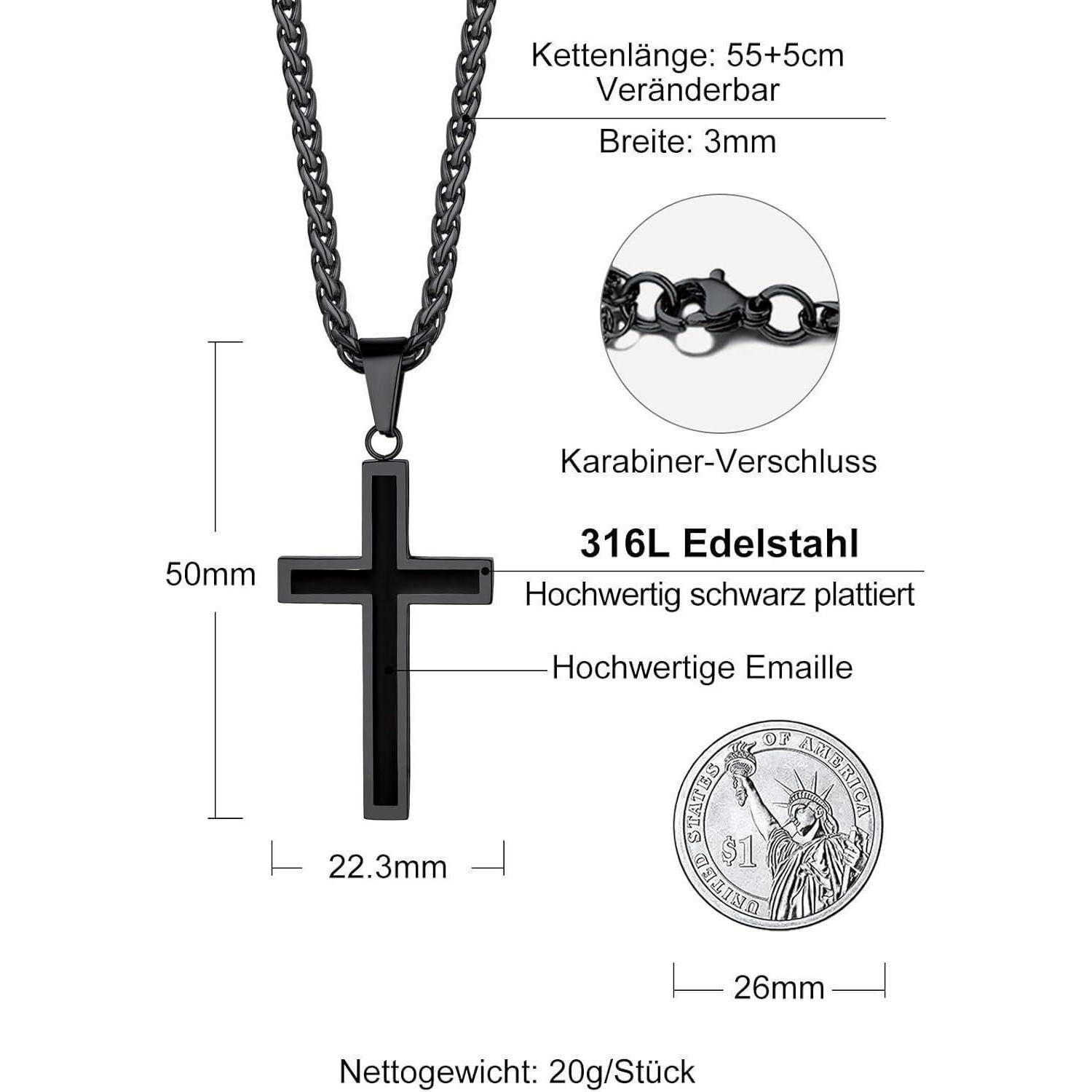 Eine Halskette mit schwarzem Kreuzanhänger verfügt über eine verstellbare Länge von 55+5 cm und eine 3 mm breite Kette, in einem Design aus 316L Edelstahl mit schwarzer Beschichtung.