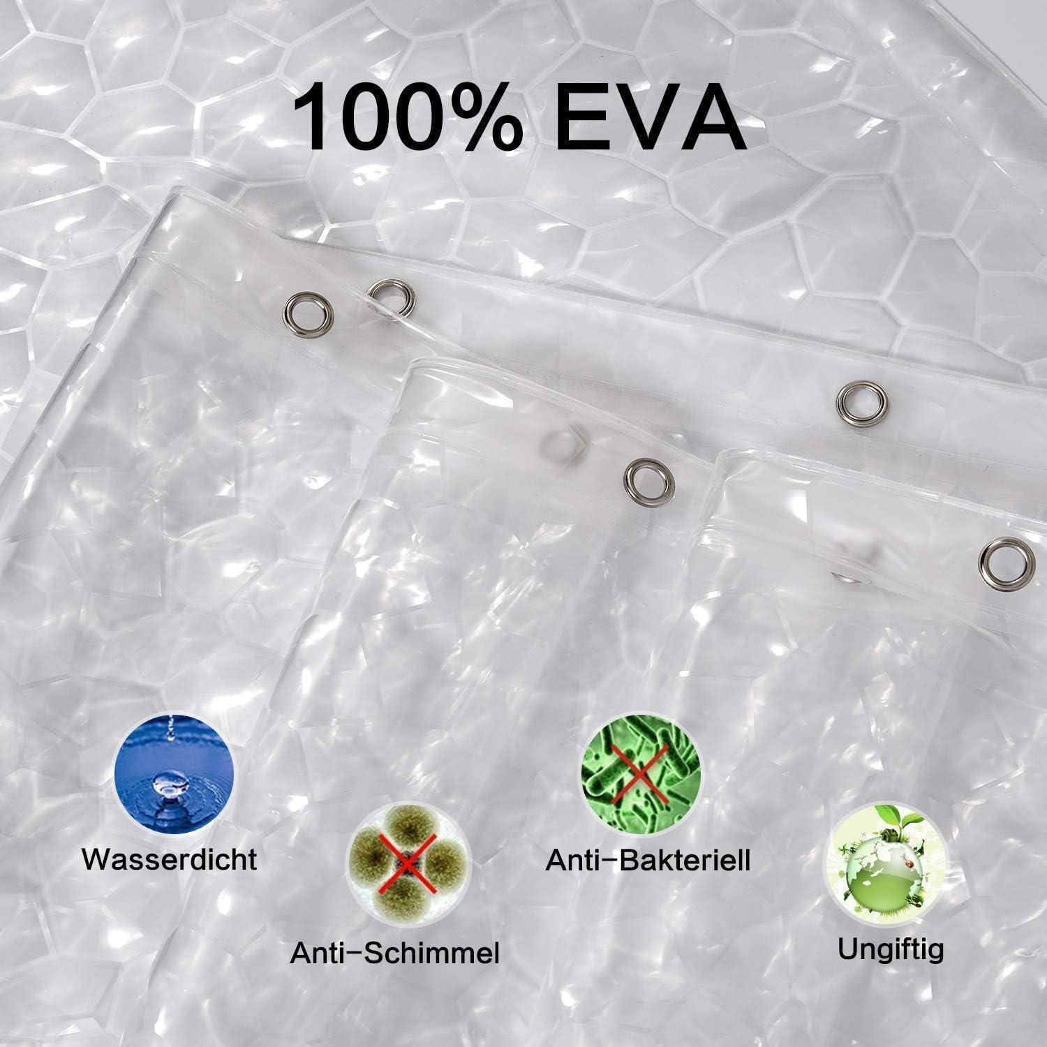 Duschvorhang mit der Bezeichnung '100% EVA' verfügt über wasserdichte, antibakterielle und ungiftige Eigenschaften. Enthält Metallösen zum Aufhängen.