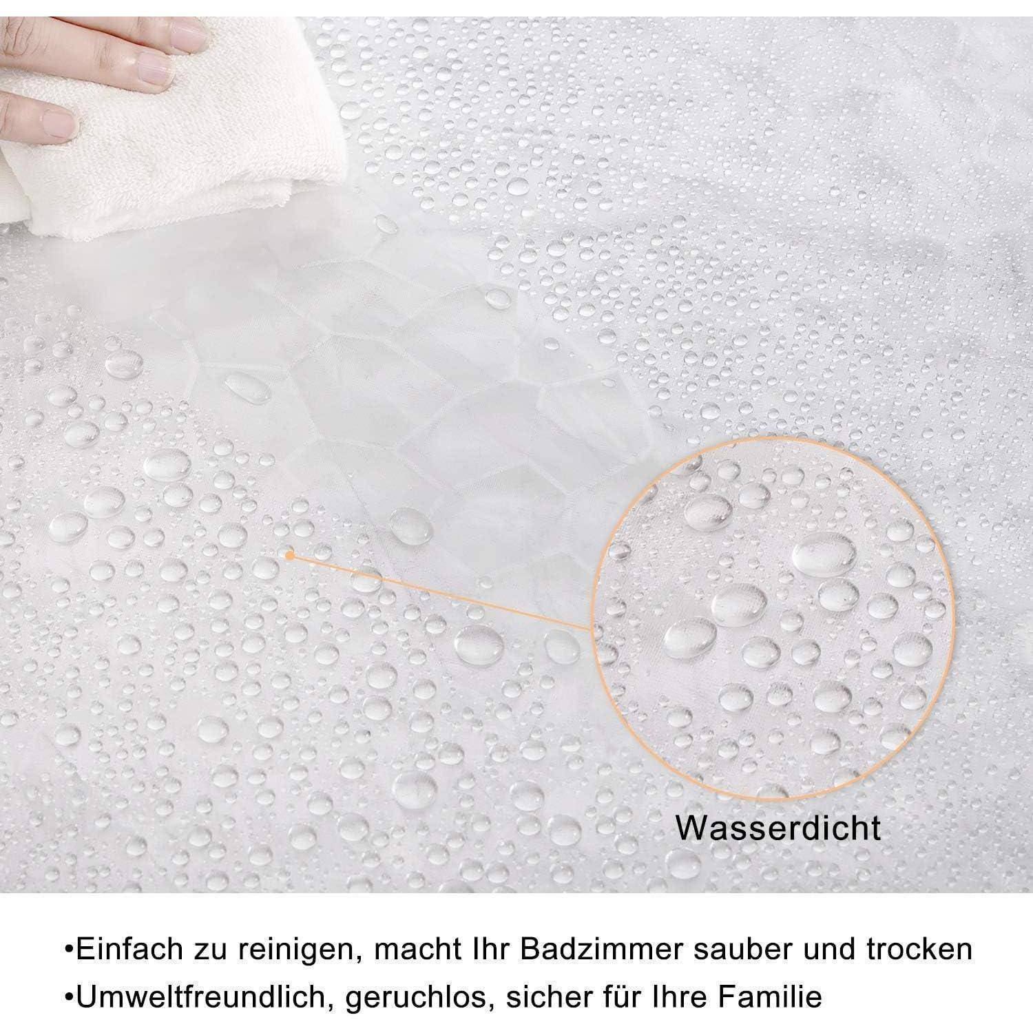Eine Person wischt eine wasserdichte, transparente Oberfläche mit einem Tuch ab; der Text hebt die Leichtigkeit der Reinigung und die Eignung für Familienbäder hervor.