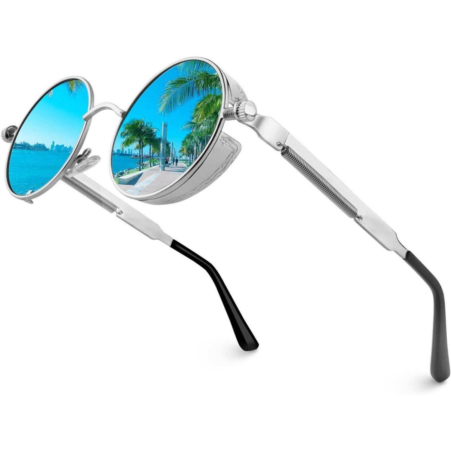 Sonnenbrille Rund Polarisiert 1.4 Silber Verspiegelte Blau