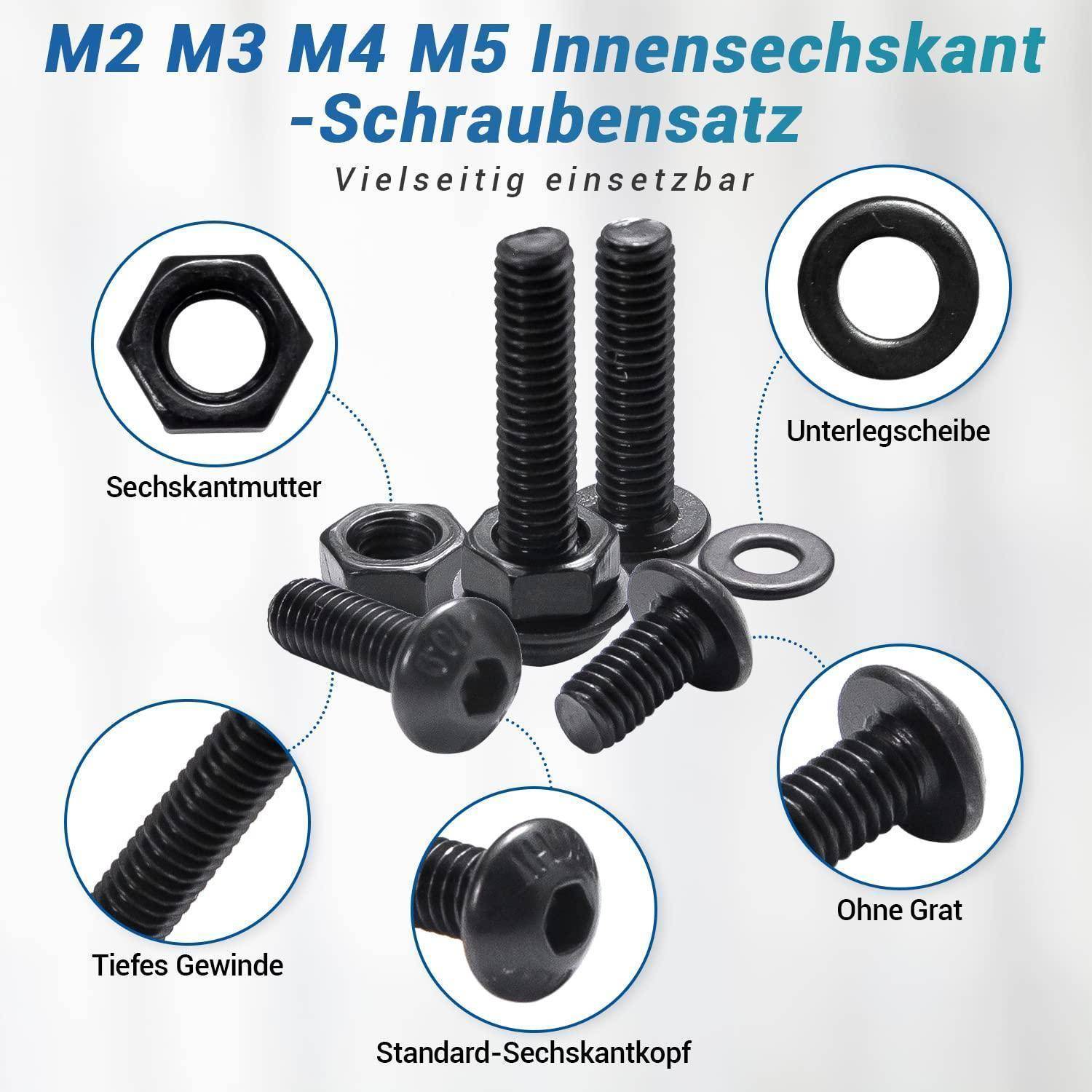 Schrauben Set 1060 M2 M3 M4 M5 Muttern Innensechskant Knopfschrauben