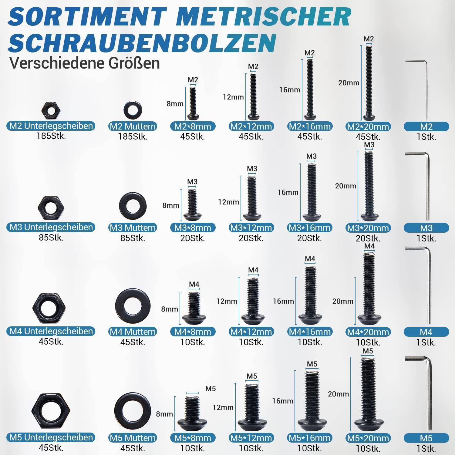 Schrauben Set 1060 M2 M3 M4 M5 Muttern Innensechskant Knopfschrauben