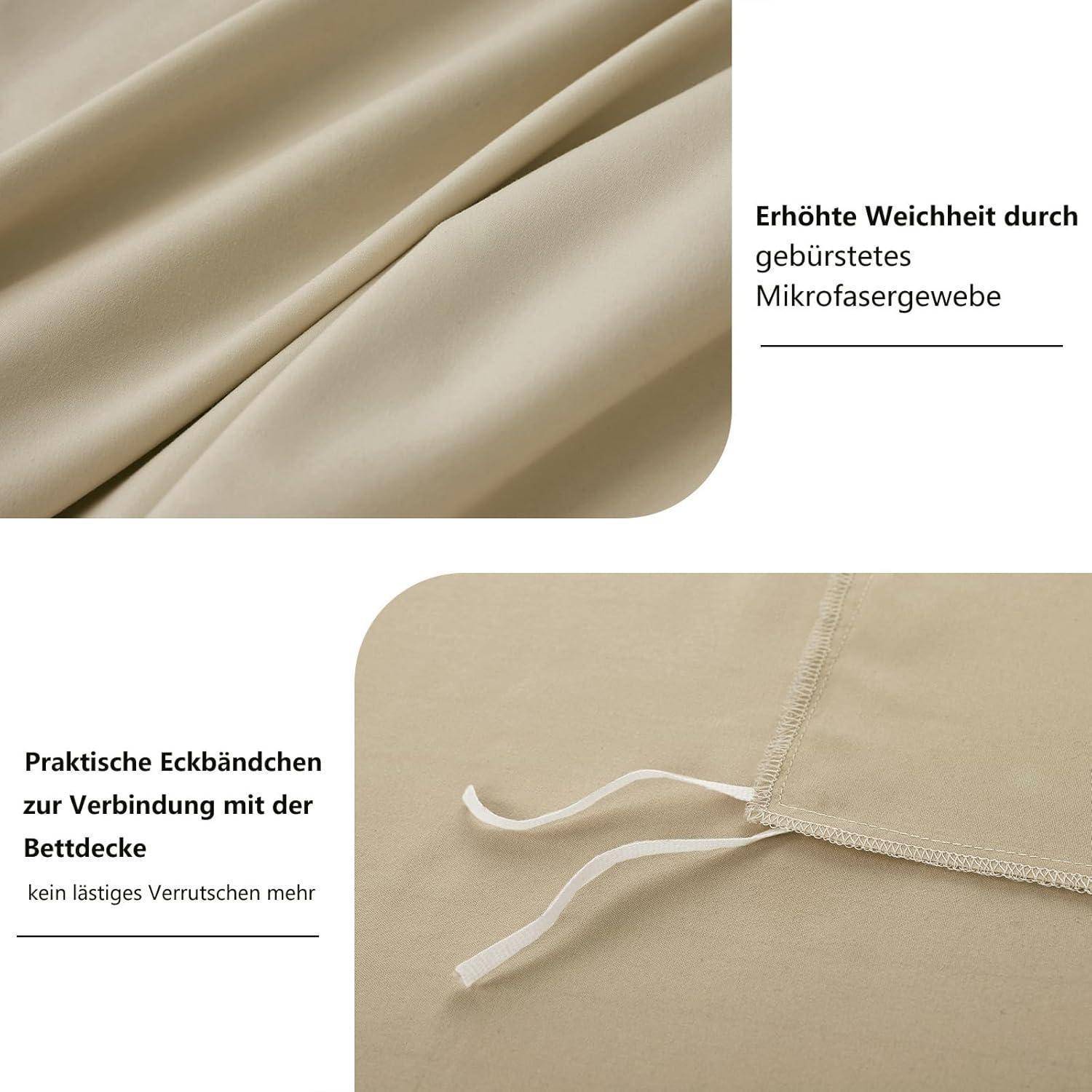 Detailaufnahme eines beigen Mikrofaserstoffs mit Text, der seine weiche, erhobene Beschaffenheit und die praktischen Befestigungsecken für einen sicheren Halt hervorhebt.