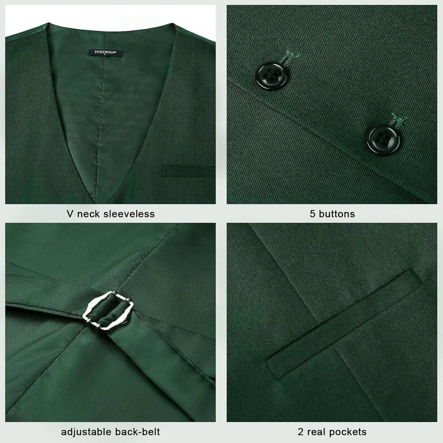 Grüne Weste mit V-Ausschnitt, ärmelloser Schnitt, 5 Knöpfen, verstellbarem Rückengürtel und 2 echten Taschen, konzipiert für formelle Anlässe.