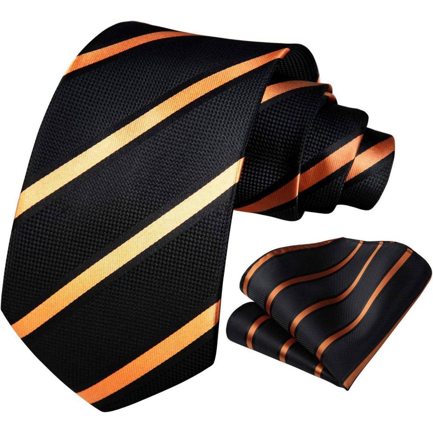 Krawatte Einstecktuch Set Herren gestreift Hochzeit Orange und Schwarz