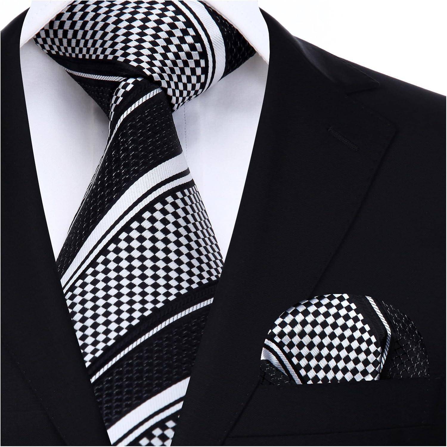 Krawatte Herren Gestreift Hochzeit Einstecktuch Set Schwarz Weiss