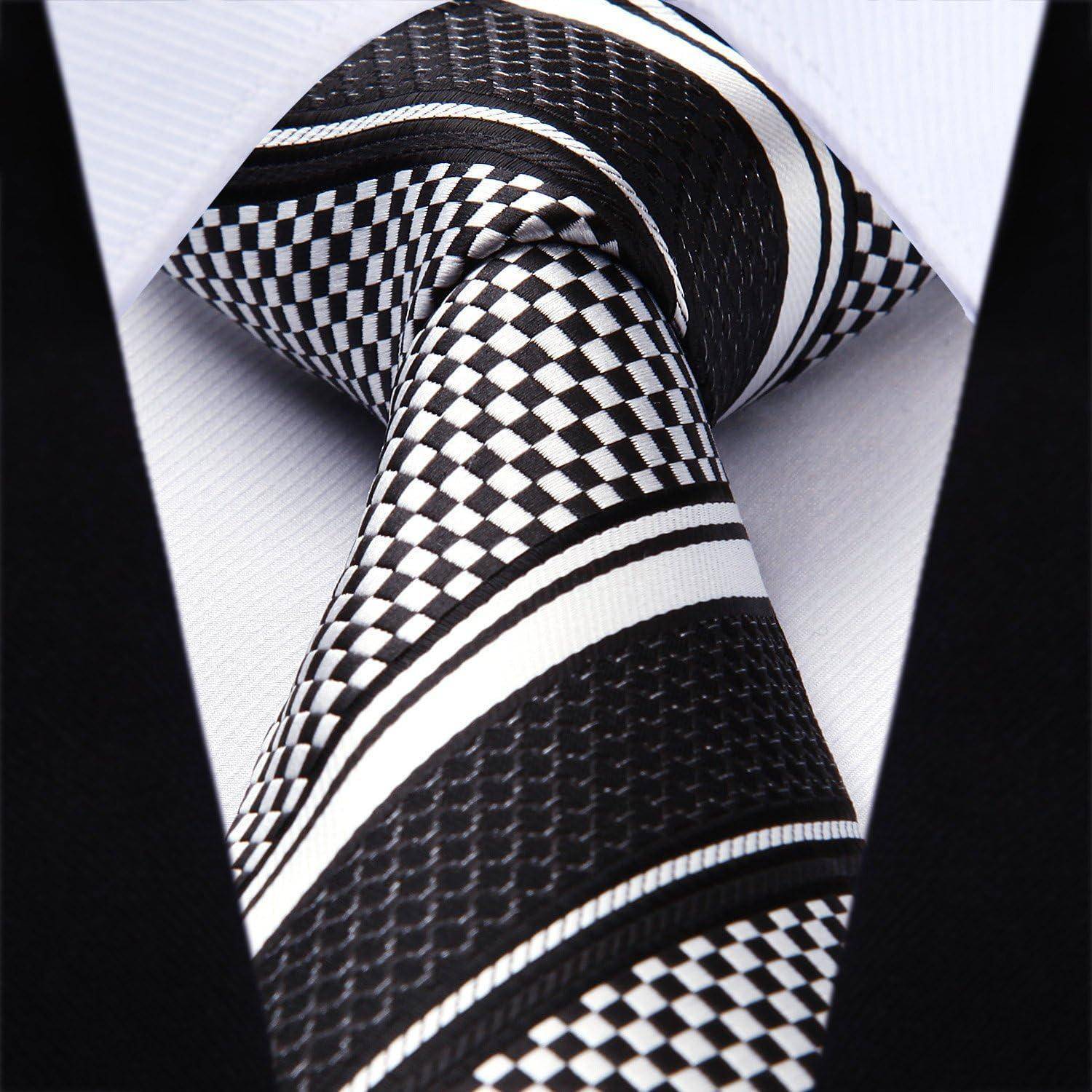 Krawatte Herren Gestreift Hochzeit Einstecktuch Set Schwarz Weiss