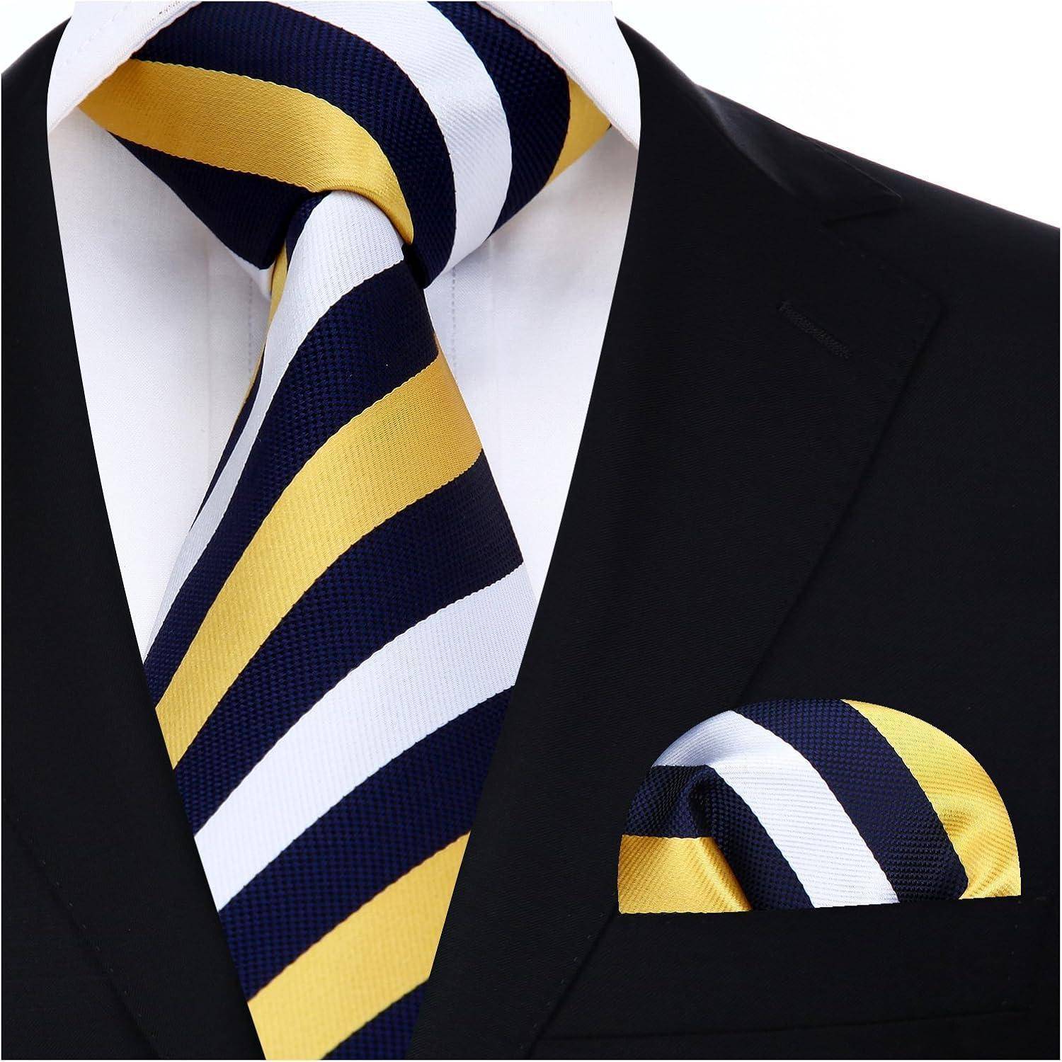 Krawatte Herren gestreift Hochzeit Einstecktuch Marineblau Gelb Weiß