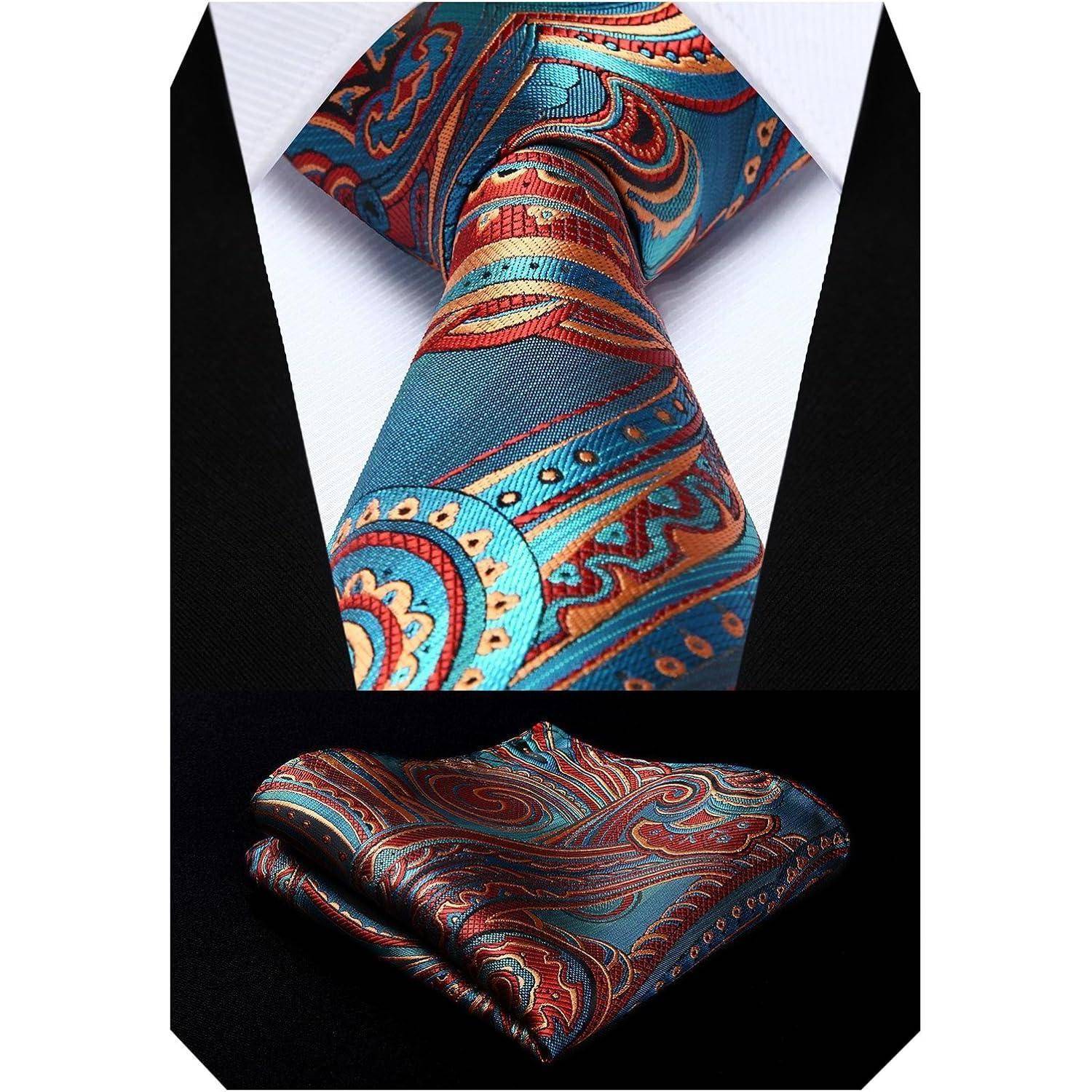 Krawatte Herren Hochzeit Einstecktuch Paisley Set Blau & Burgund