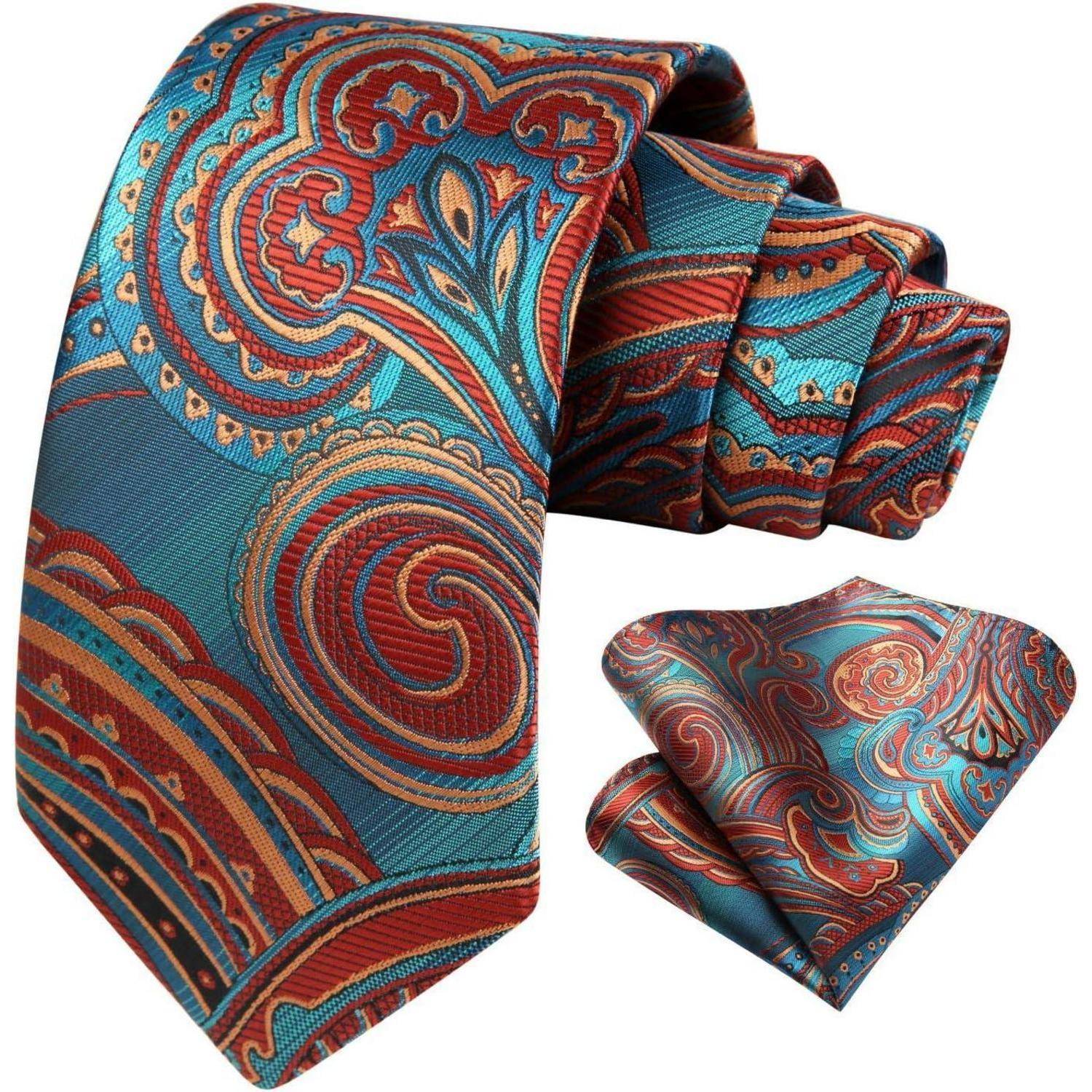 Krawatte Herren Hochzeit Einstecktuch Paisley Set Blau & Burgund