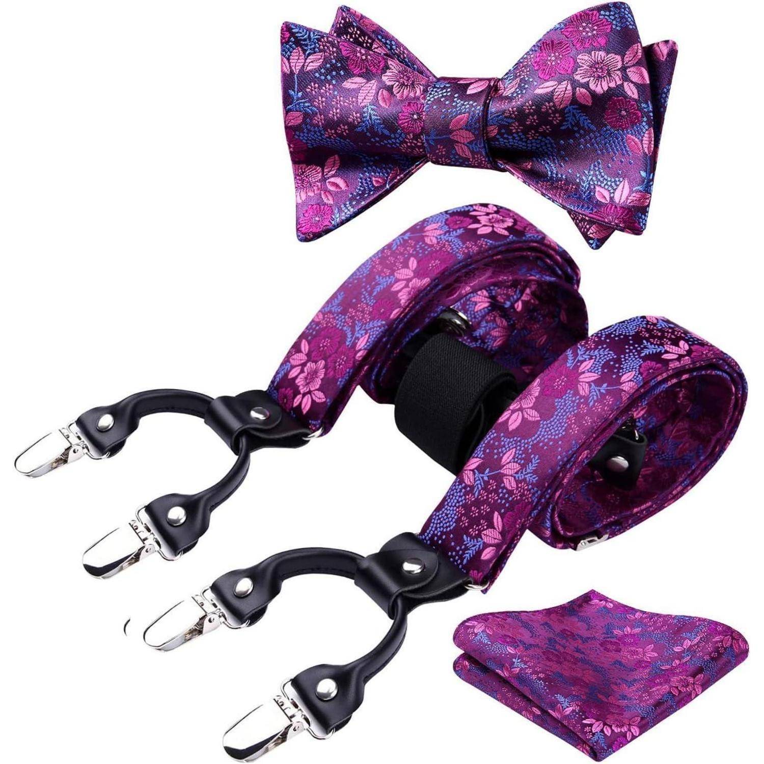 Hosenträger Herren Fliege Einstecktuch Set Lila Floral