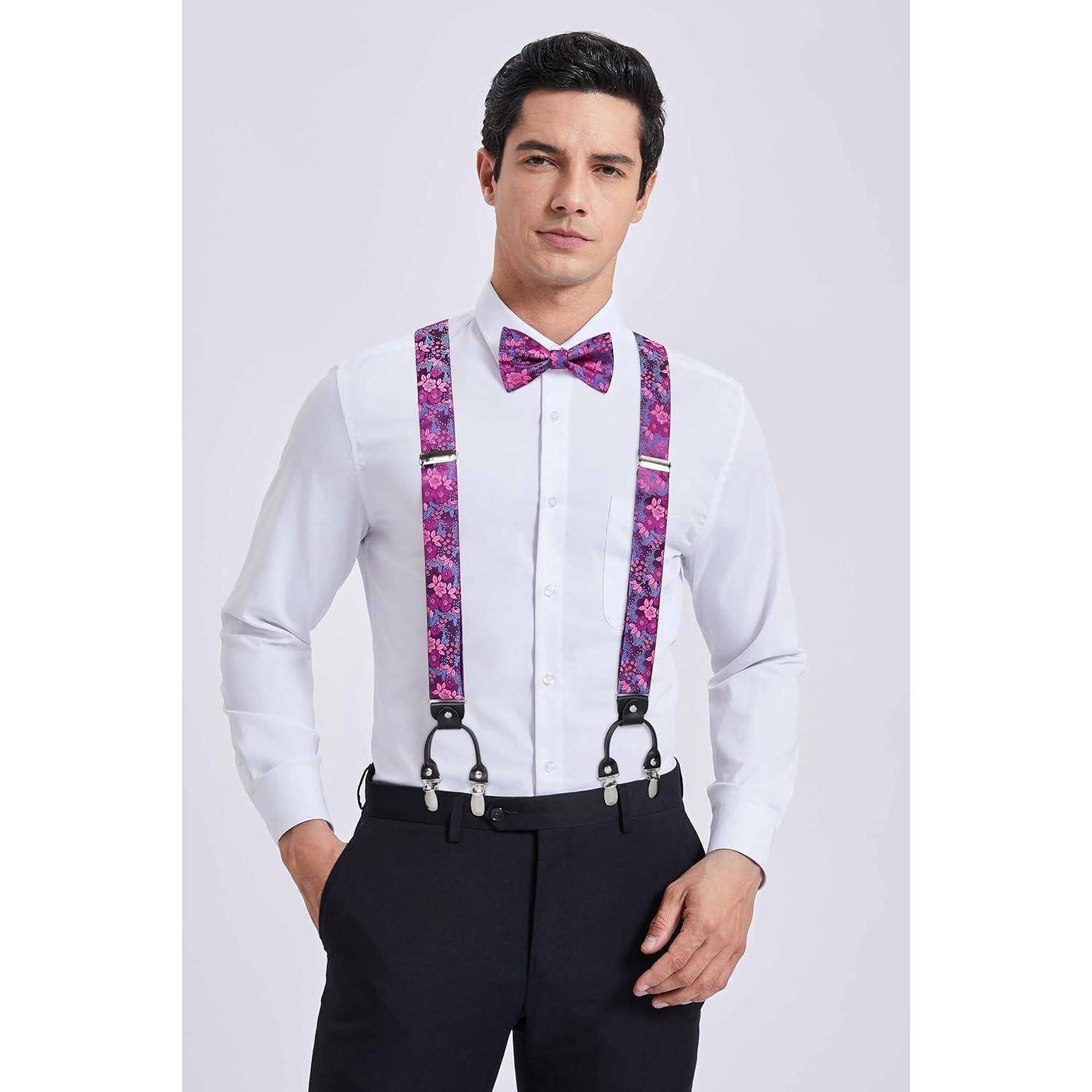 Hosenträger Herren Fliege Einstecktuch Set Lila Floral