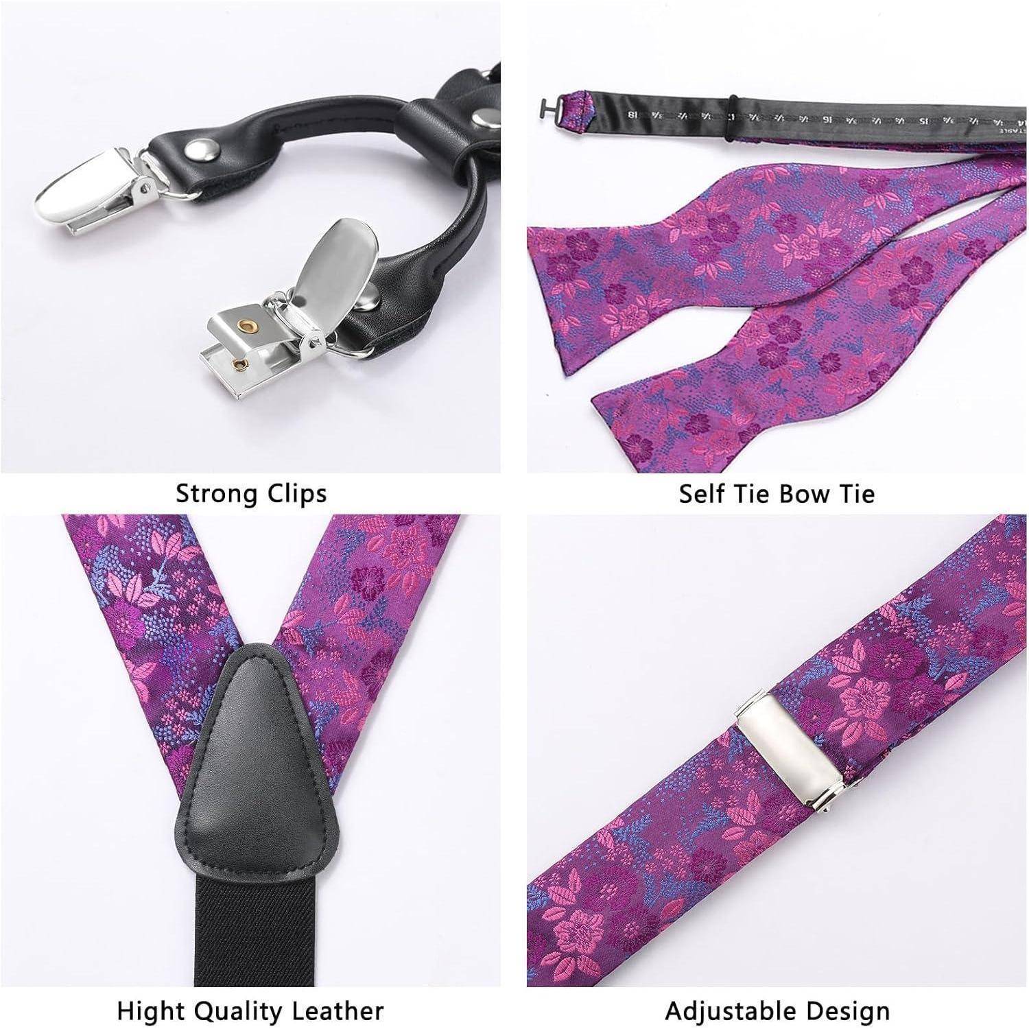 Hosenträger Herren Fliege Einstecktuch Set Lila Floral