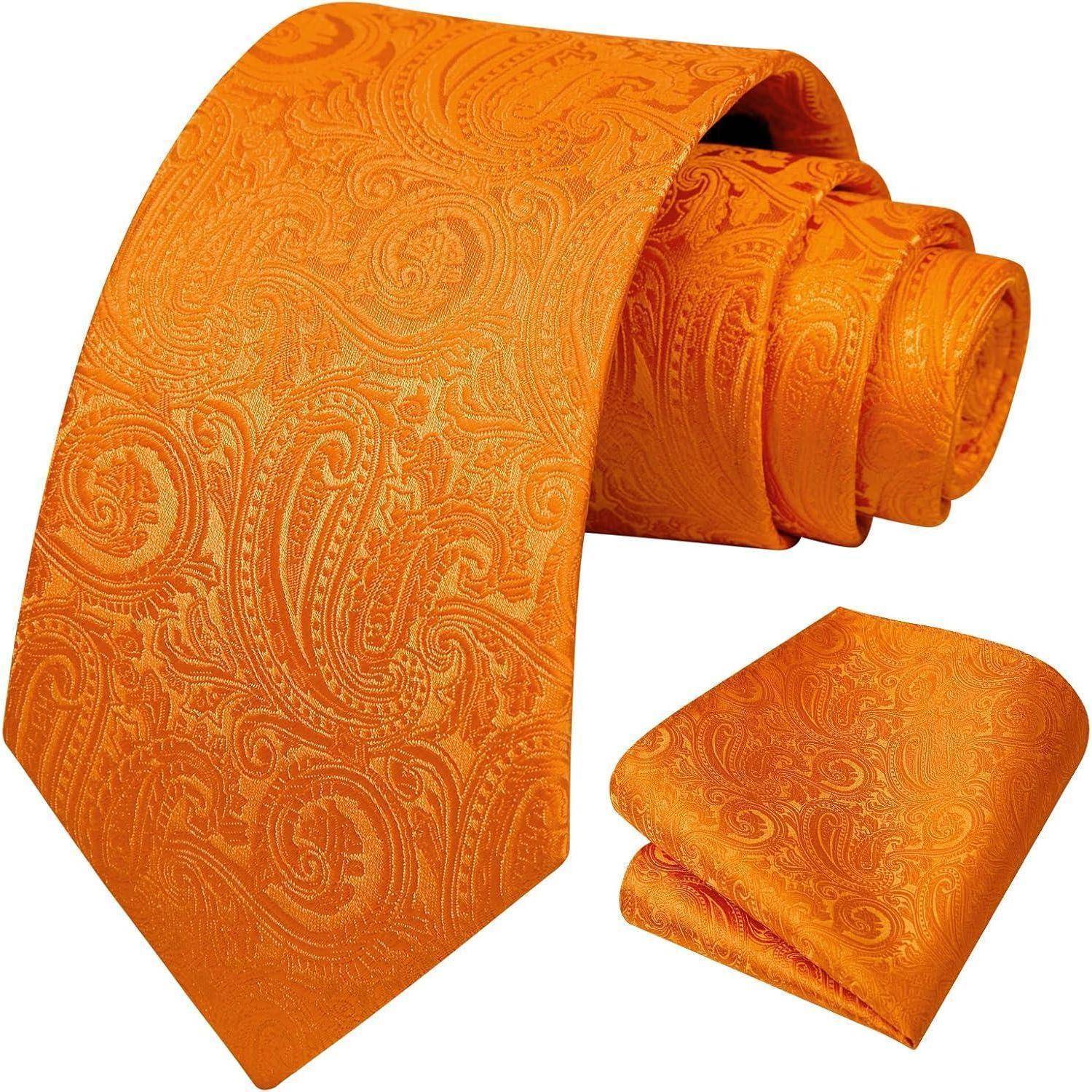Krawatte Herren Paisley Einstecktuch Hochzeit Set C1-Orange