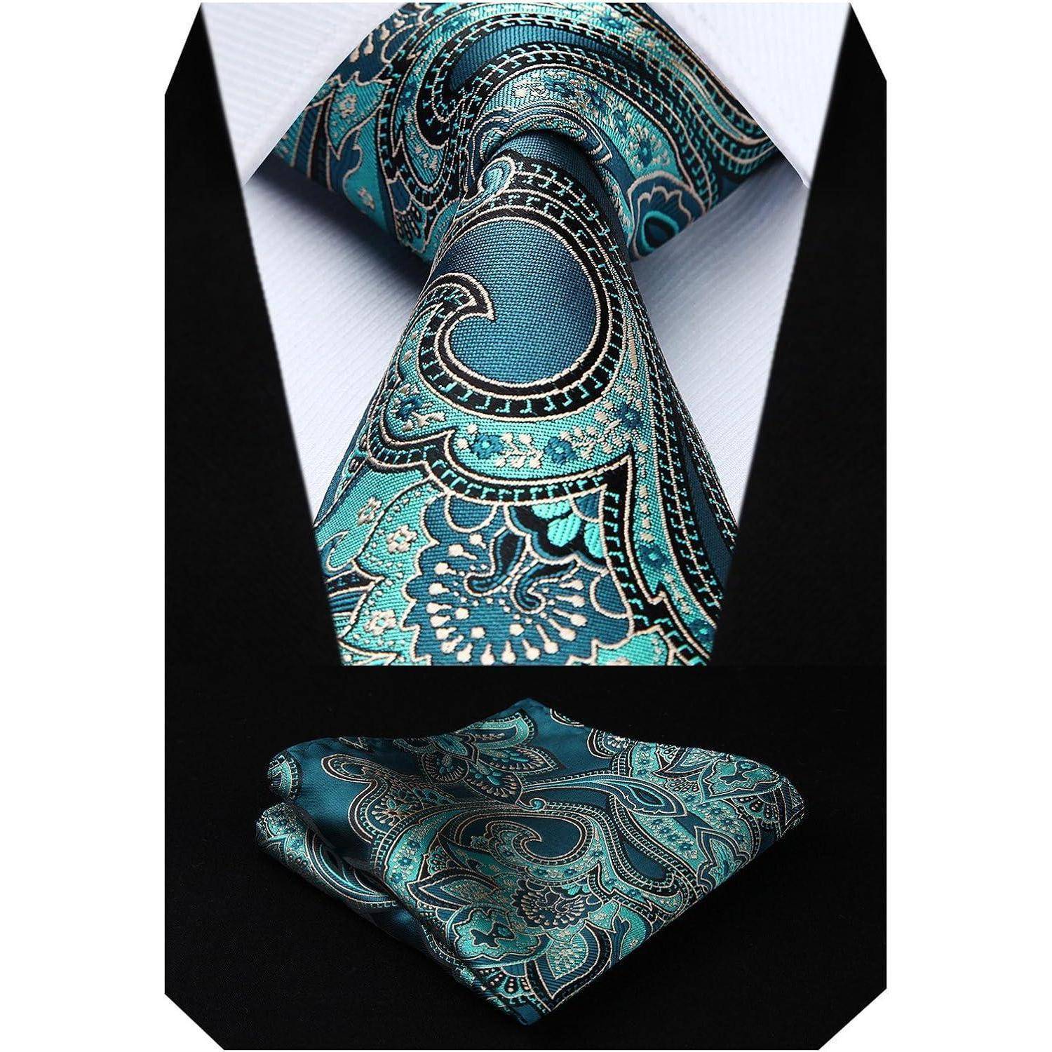 Krawatte Herren Einstecktuch Set Paisley Blume Hochzeit Aqua-1