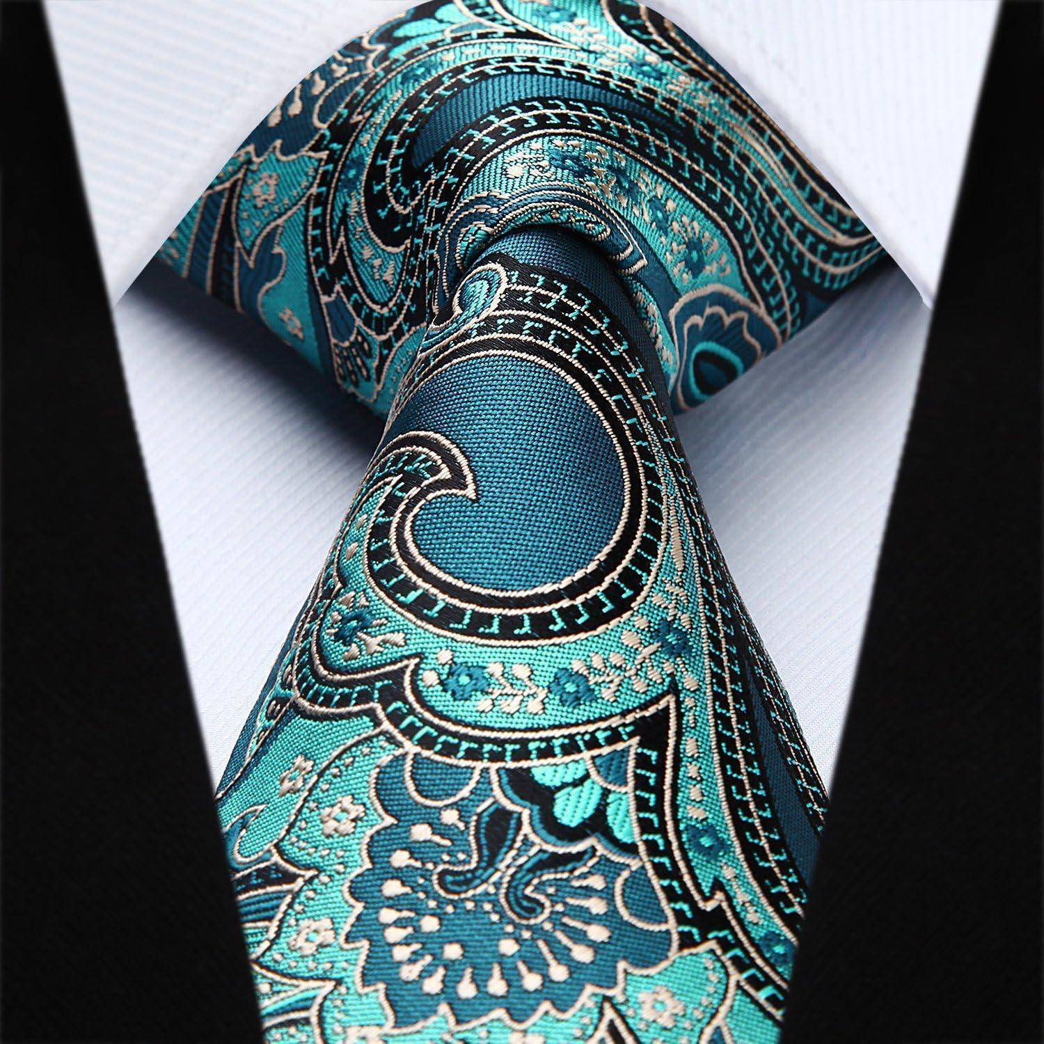Krawatte Herren Einstecktuch Set Paisley Blume Hochzeit Aqua-1