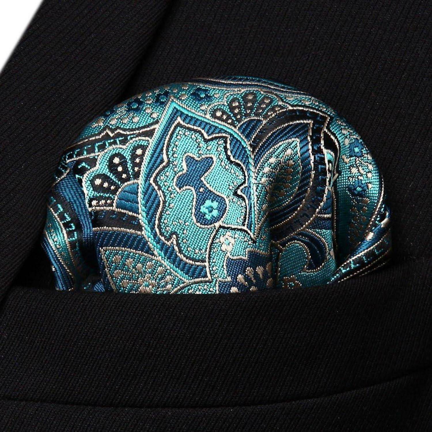 Krawatte Herren Einstecktuch Set Paisley Blume Hochzeit Aqua-1