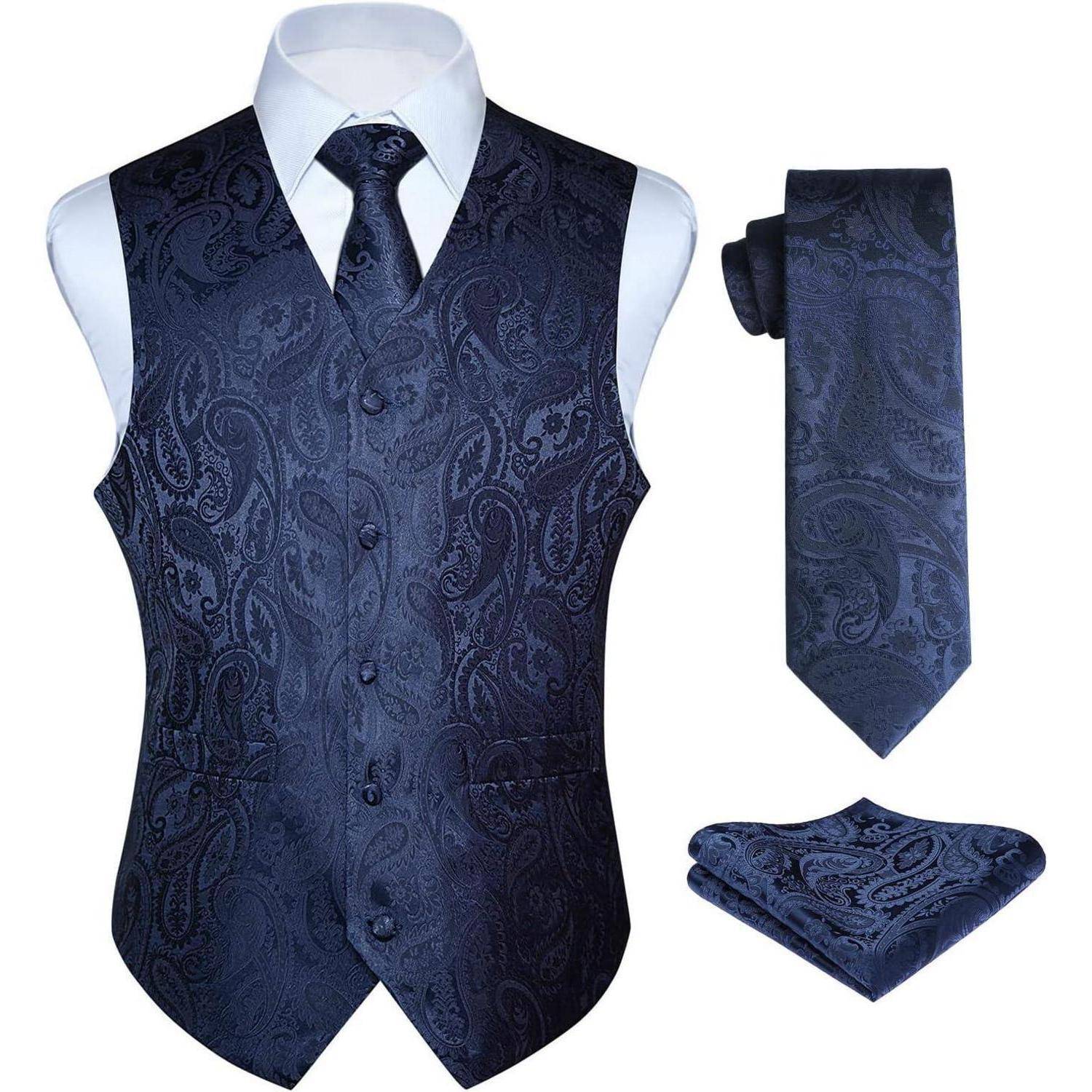 Anzugweste Herren Hochzeit Paisley Krawatte Einstecktuch Marine-2 6XL