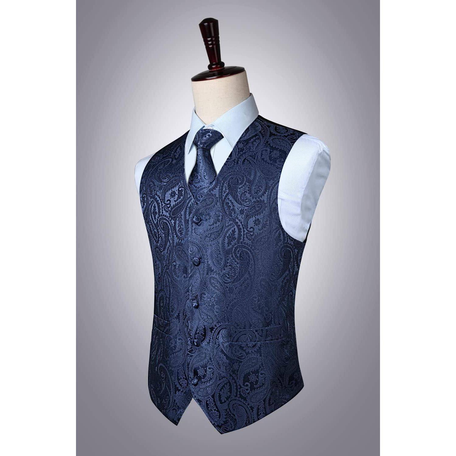 Anzugweste Herren Hochzeit Paisley Krawatte Einstecktuch Marine-2 6XL
