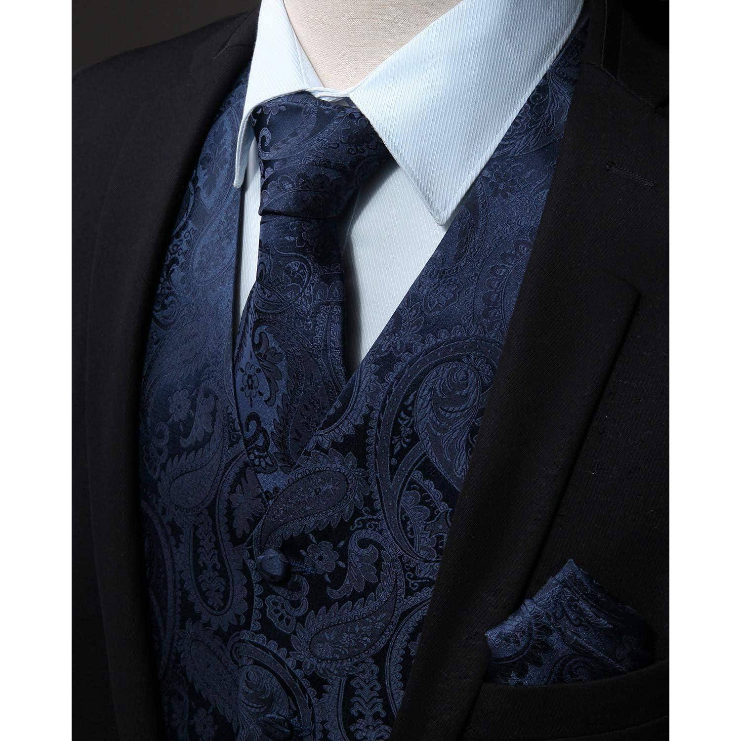 Anzugweste Herren Hochzeit Paisley Krawatte Einstecktuch Marine-2 6XL
