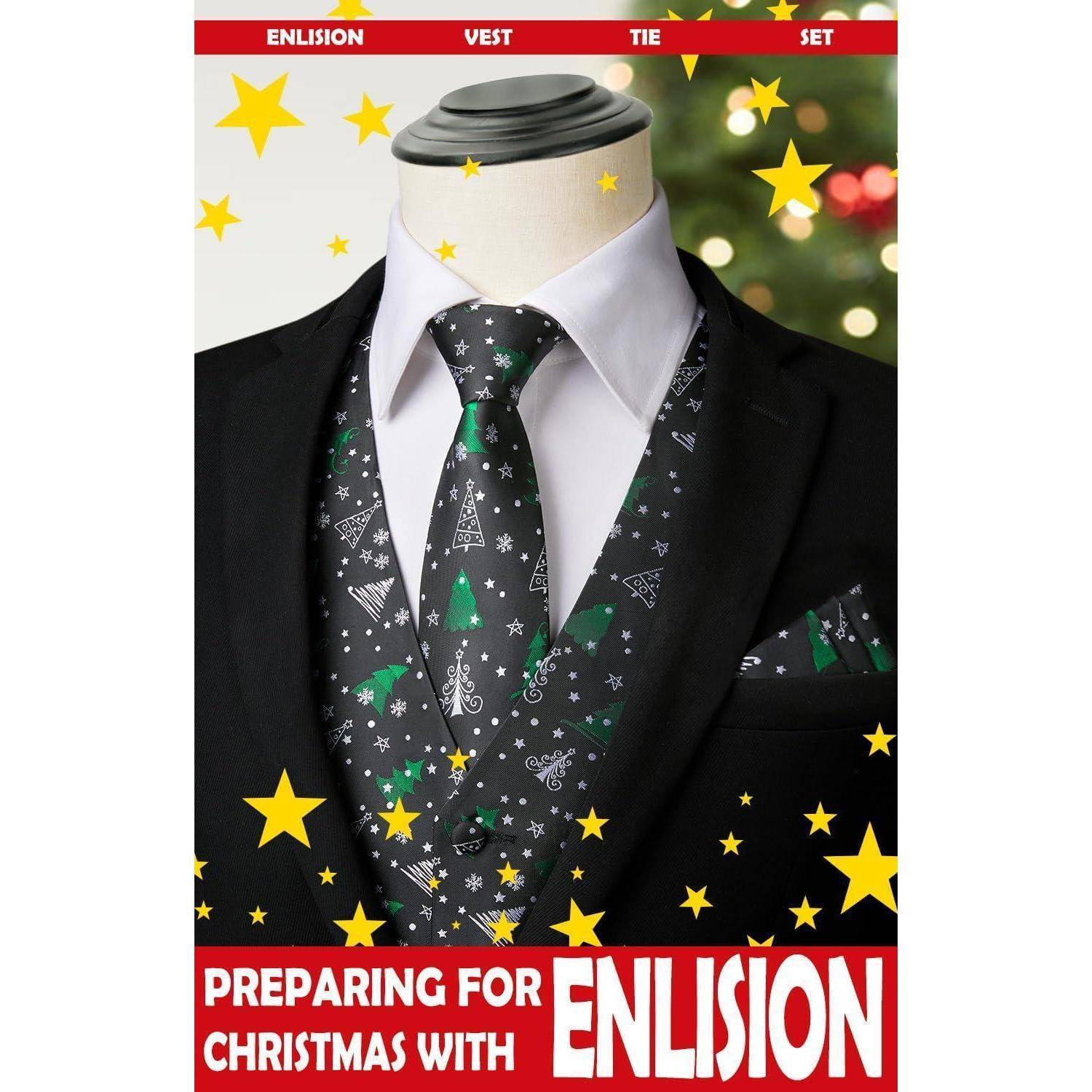 Anzug mit weihnachtlich gestaltetem Krawatte und Weste, die grüne Bäume und Schneeflocken zeigt. Überlagert von gelben Sternen und dem Text: Weihnachtsvorbereitungen mit Enlision.