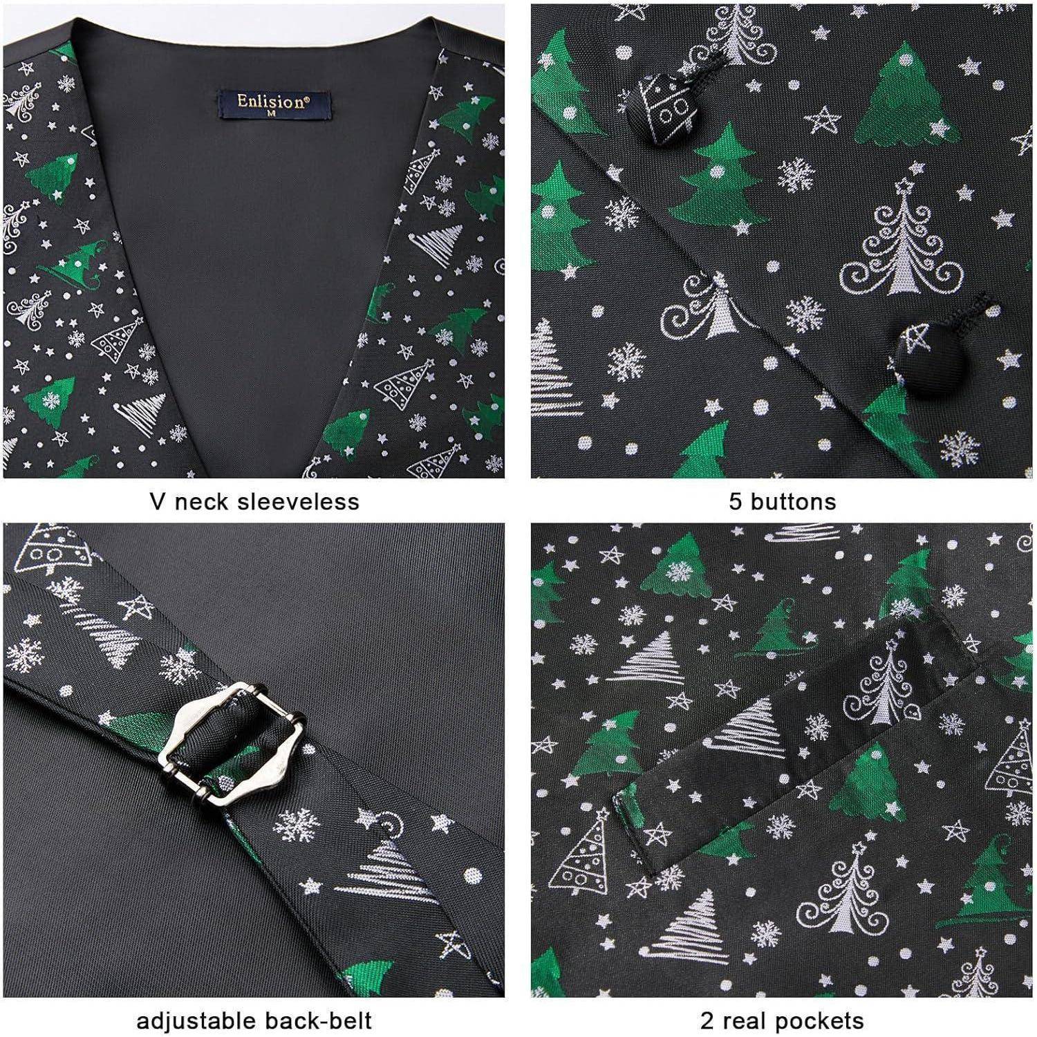 V-Neck-Weste ohne Ärmel im Urlaubsstil mit verstellbarem Rückengürtel, fünf Knöpfen und zwei echten Taschen. Mit festlichen Baum- und Schneeflockenmustern.