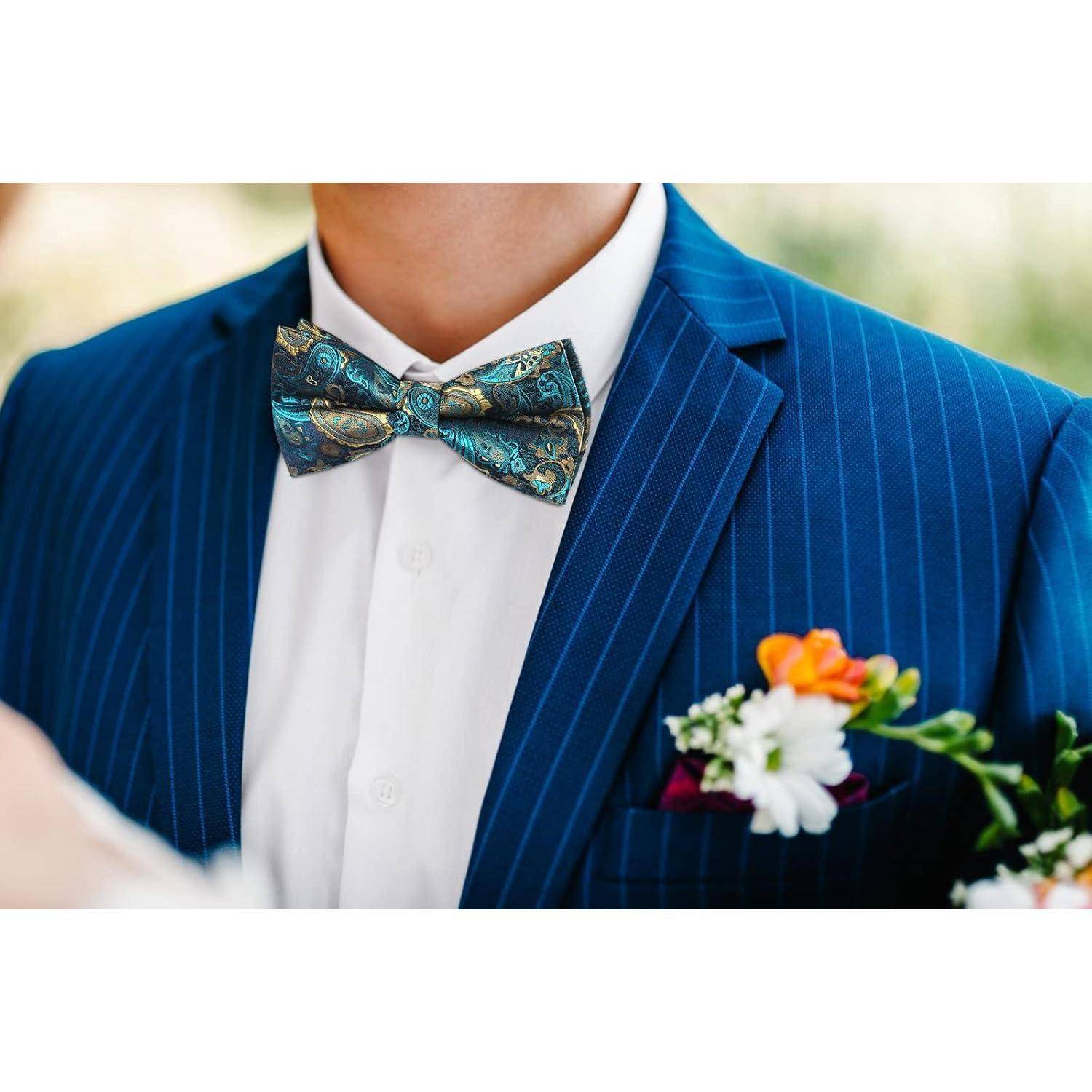 Fliege Herren Gebunden Verstellbar Paisley Grün & Gold Paisley