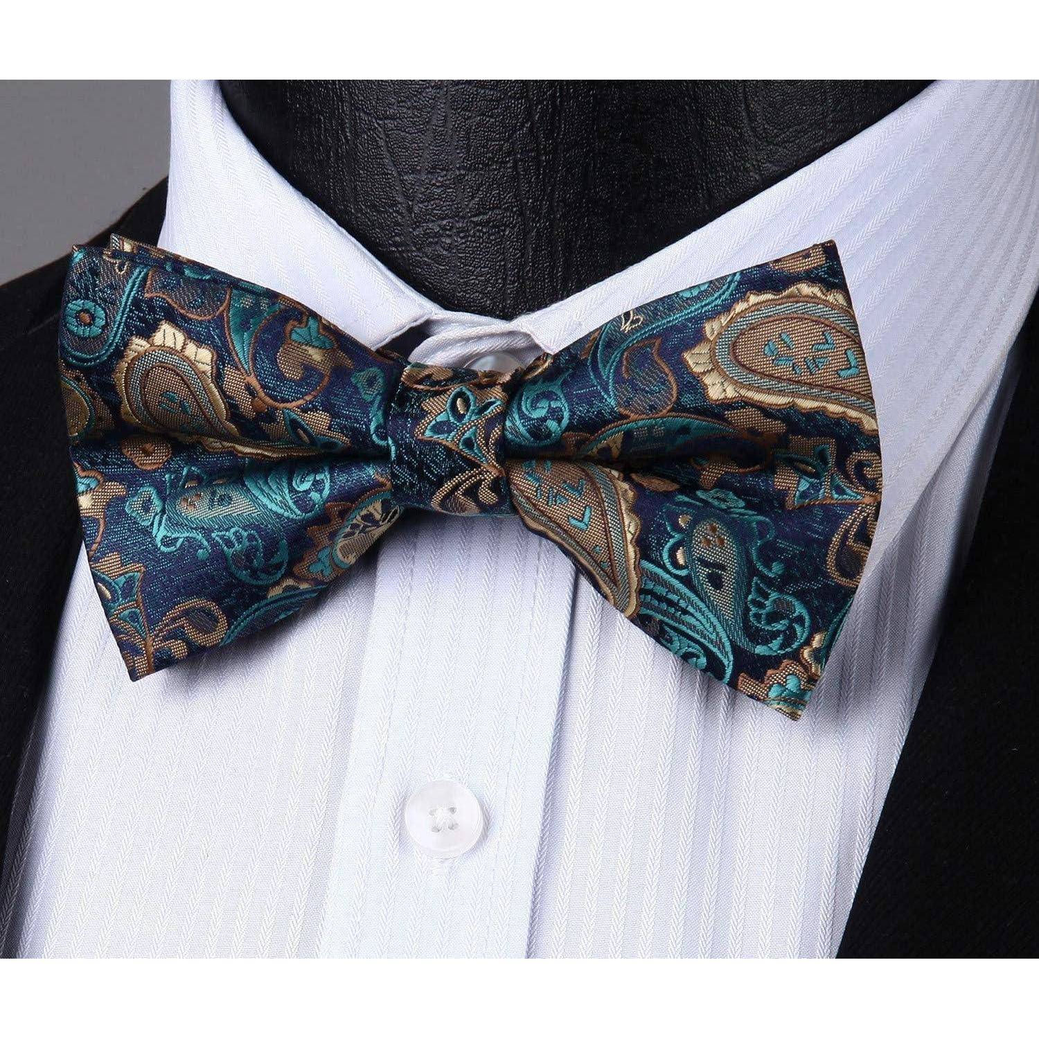 Fliege Herren Gebunden Verstellbar Paisley Grün & Gold Paisley