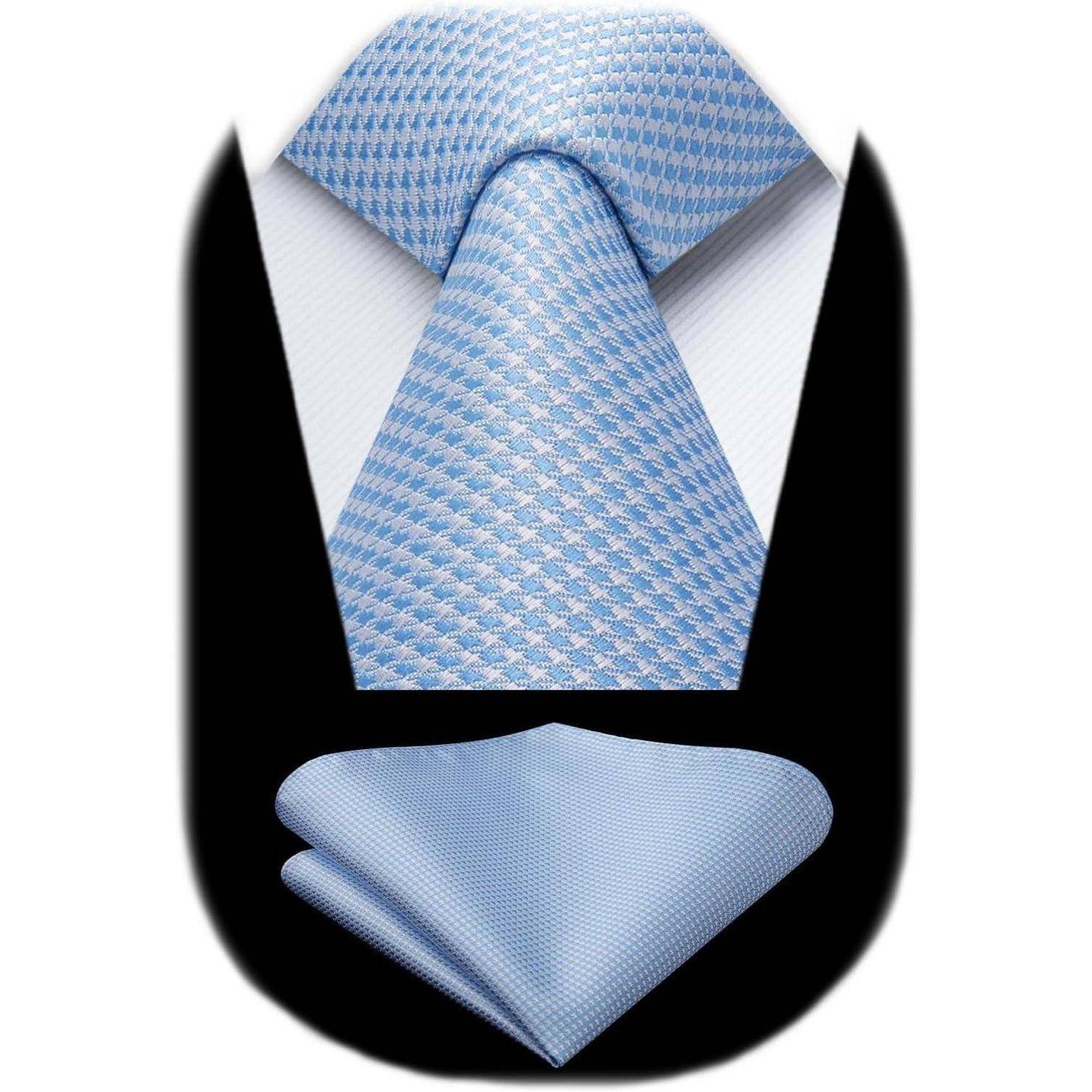 Krawatte Herren Hochzeit Einstecktuch Set Hahnentritt Plaid Hellblau
