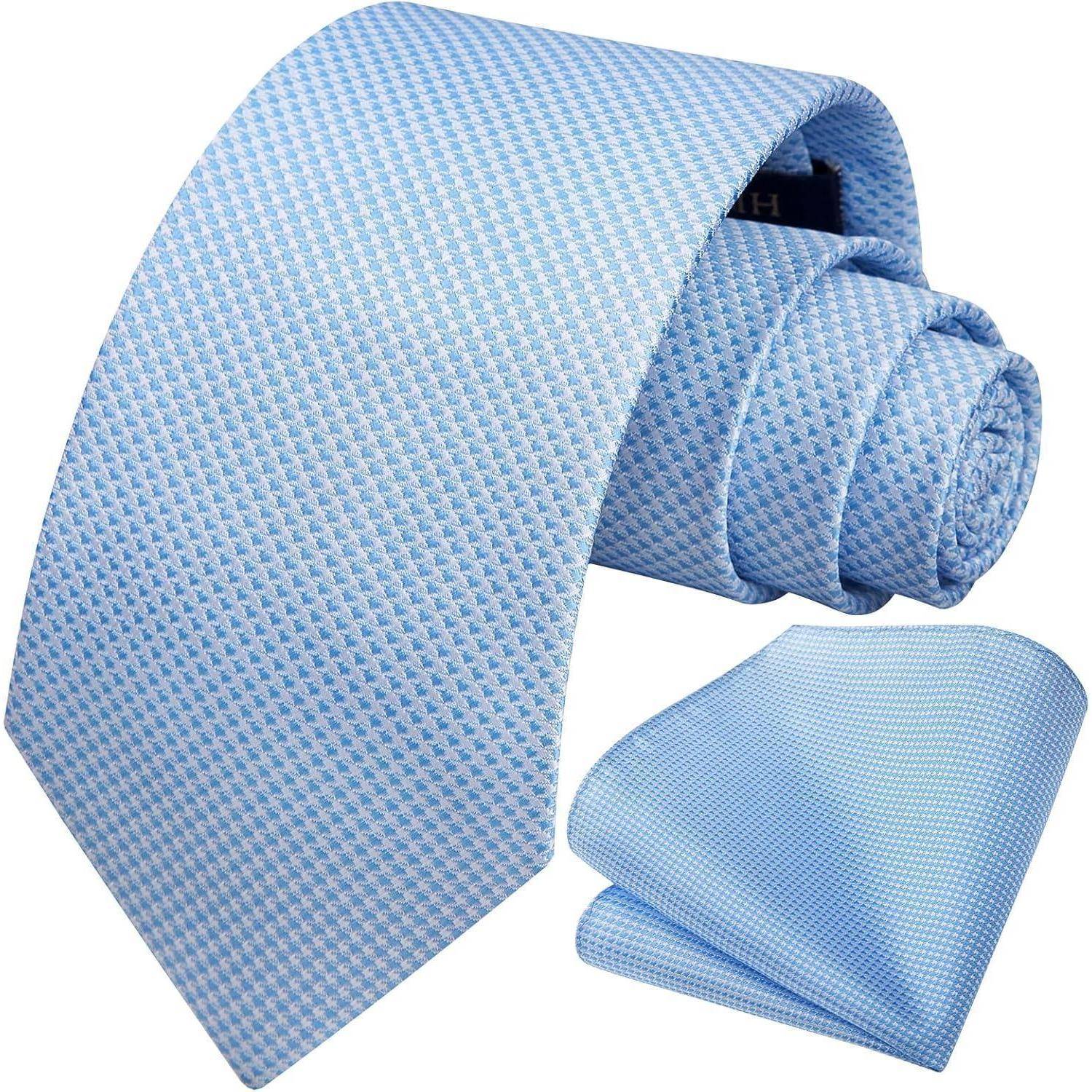 Krawatte Herren Hochzeit Einstecktuch Set Hahnentritt Plaid Hellblau