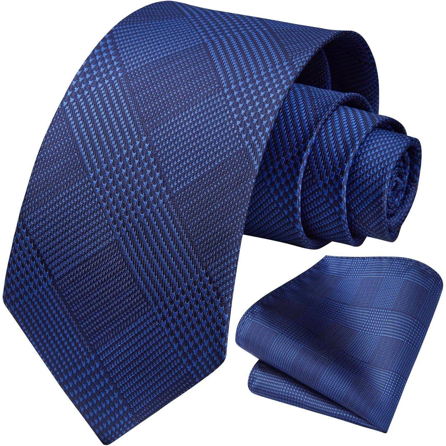 Krawatte Herren Hochzeit Einstecktuch Hahnentritt Set Blau Marineblau