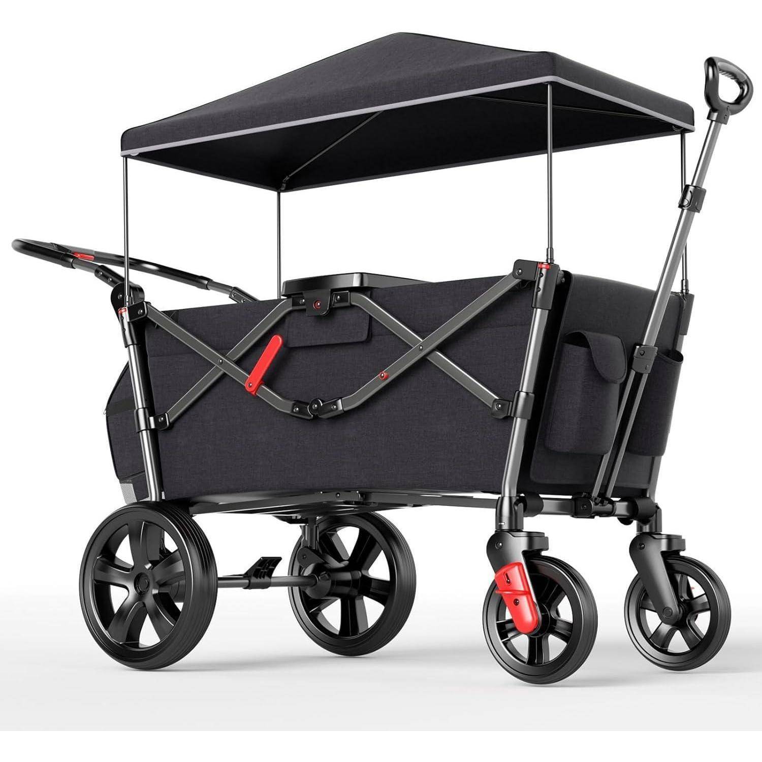 Bollerwagen 2 Kinder faltbar Sicherheitsgurt Fußbremse Schwarz