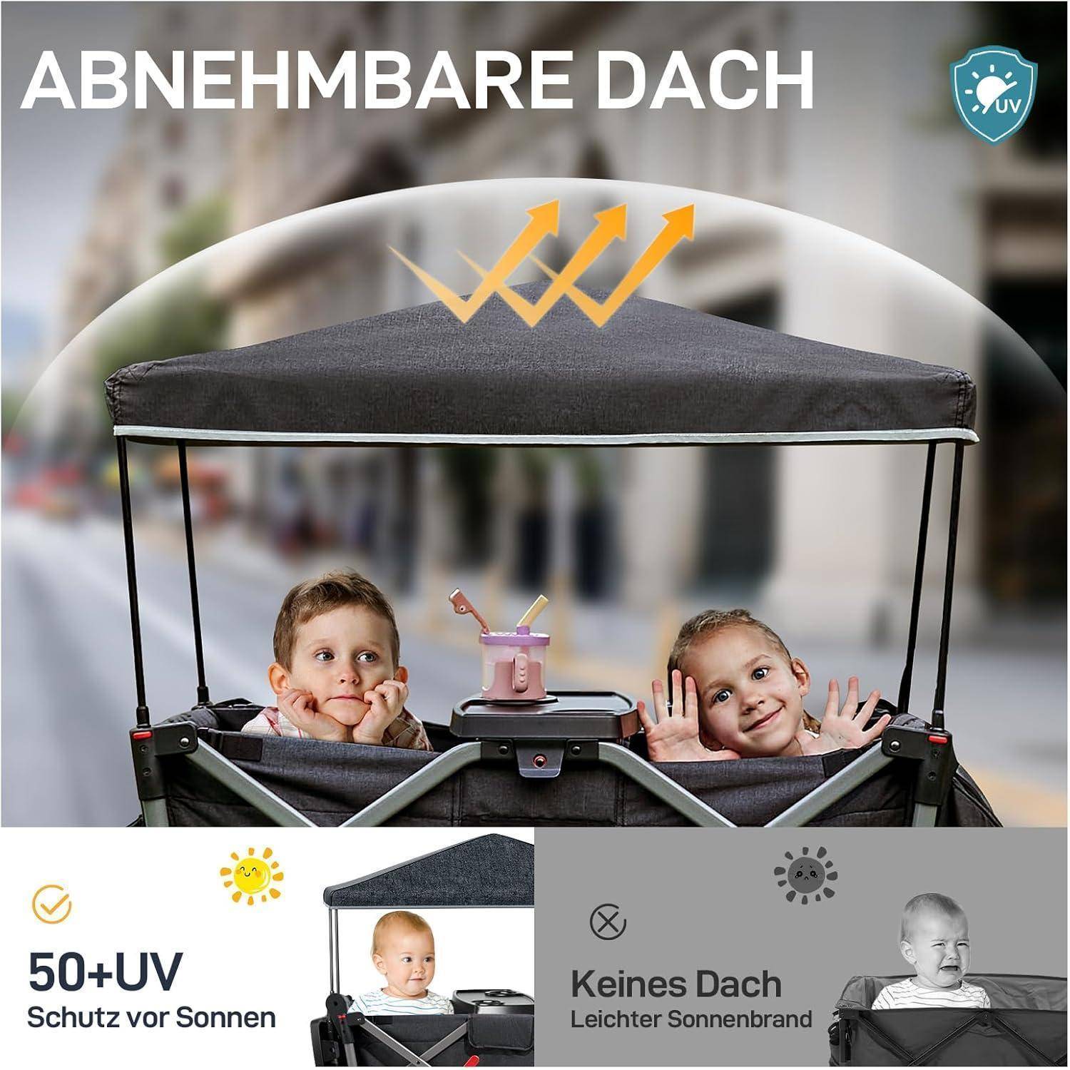 Bollerwagen 2 Kinder faltbar Sicherheitsgurt Fußbremse Schwarz