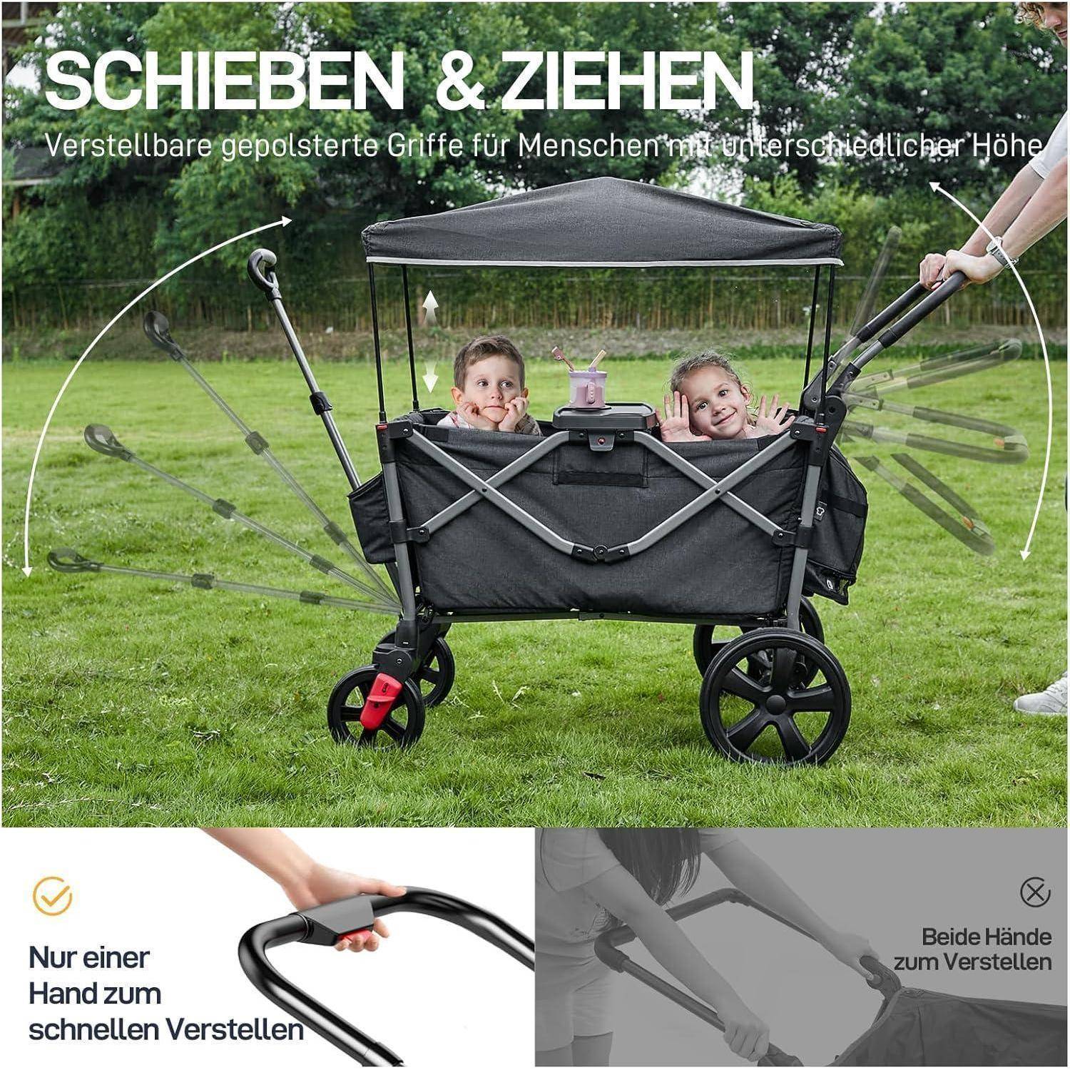 Bollerwagen 2 Kinder faltbar Sicherheitsgurt Fußbremse Schwarz