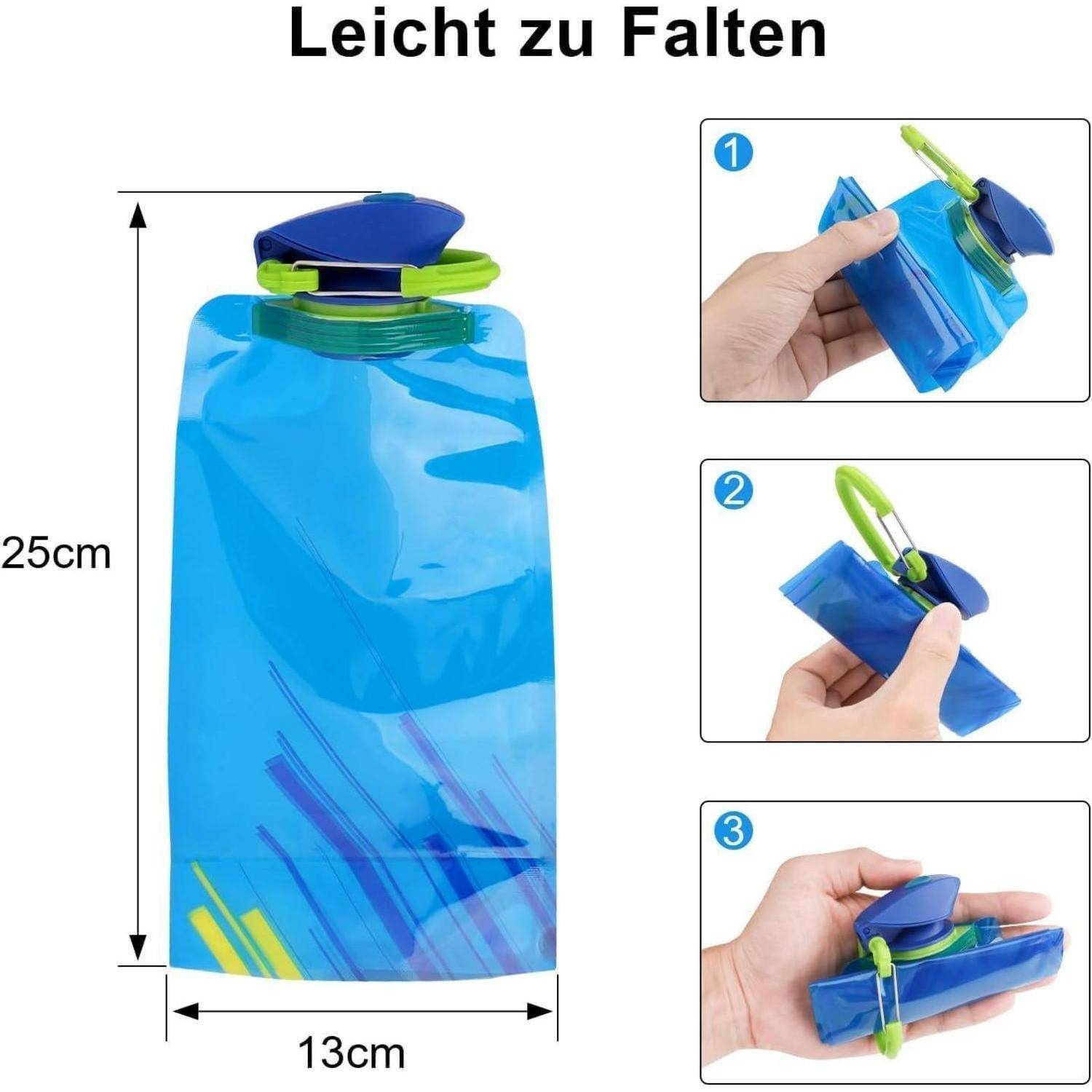 Blauer zusammenklappbarer Wasserbehälter, 25 cm hoch und 13 cm breit. Schritte: 1. Deckel öffnen, 2. Durch Drücken zusammendrücken, 3. Falten und versiegeln für kompakte Aufbewahrung. Text: 'Leicht zu Falten'.