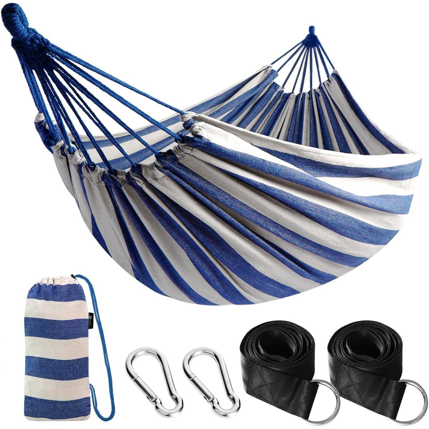 Hängematte Baumwolle Gurte Reisetasche Camping Terrasse Blau Weiß
