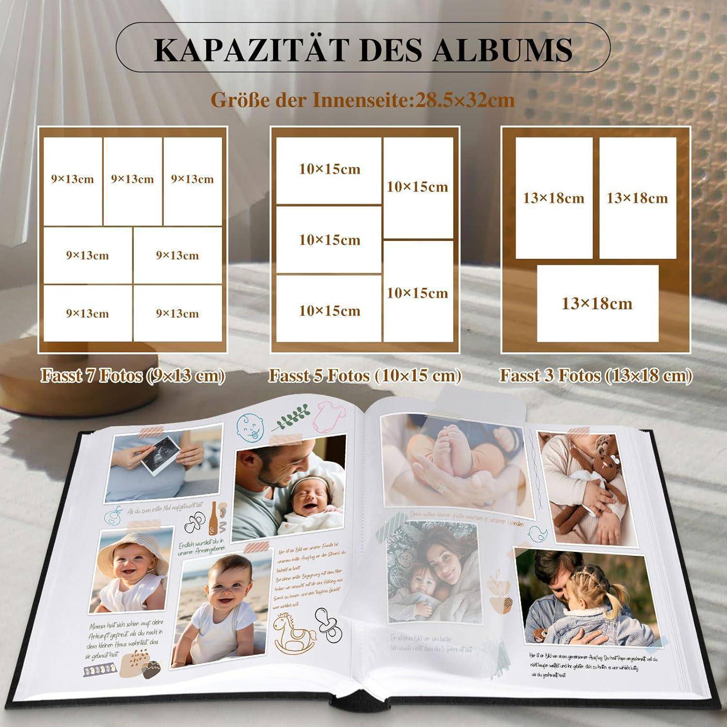 Die 'Kapazität des Albums' zeigt Layoutoptionen für Fotogrößen: 9x13cm (7 Fotos), 10x15cm (5 Fotos) und 13x18cm (3 Fotos).
