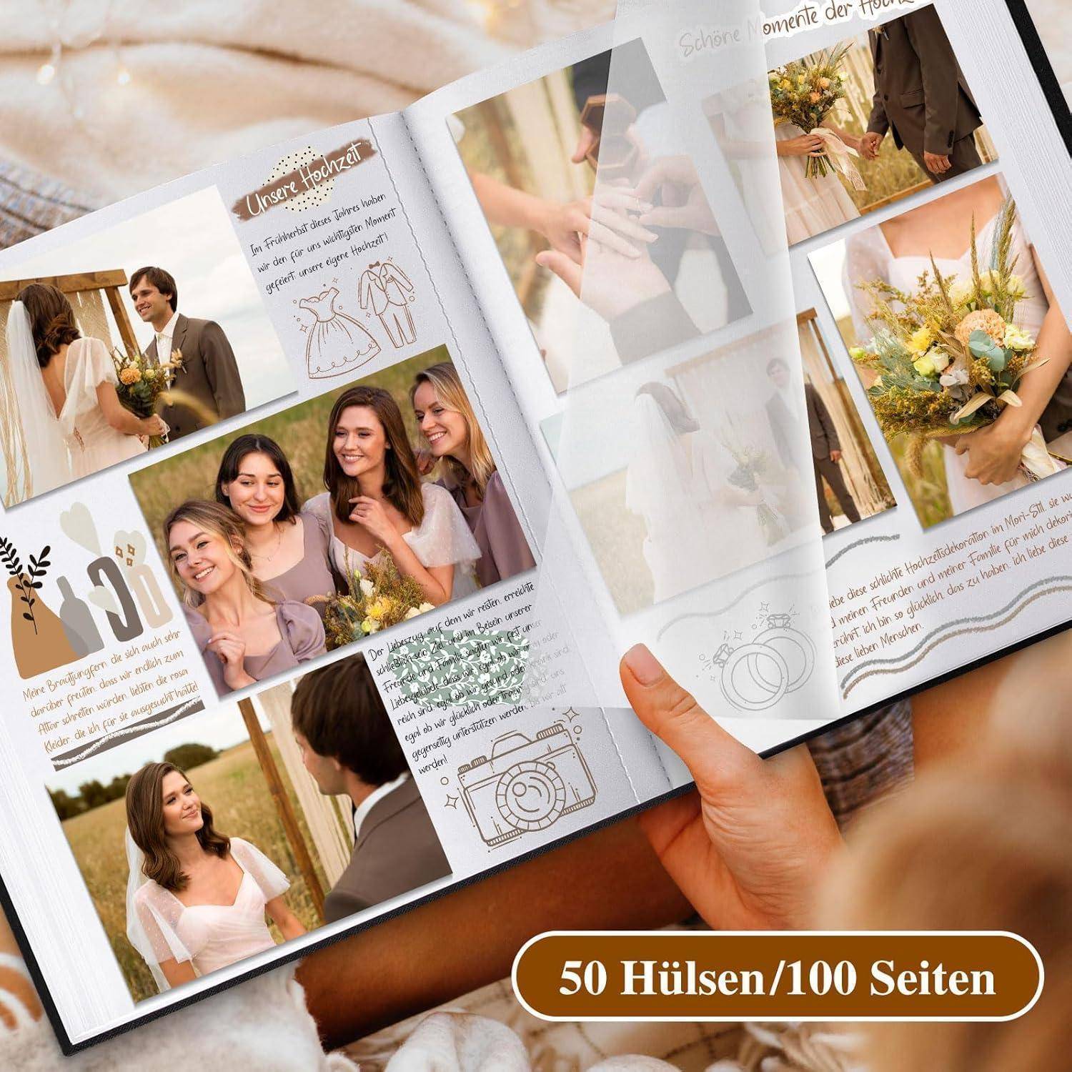 Geöffnetes Fotoalbum zeigt eine Hochzeit mit lächelnden Menschen auf einem Feld. Illustrationen und Texteinblendungen stellen verschiedene Hochzeitsszenen und Kleidung dar.