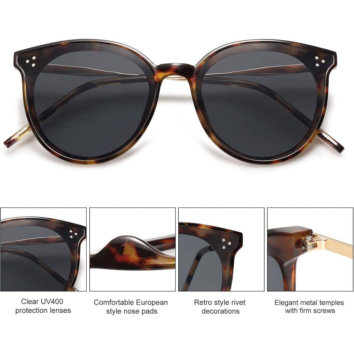 Sonnenbrille Damen Retro Cateye Rund Übergroß Dunkles Schildpatt Grau