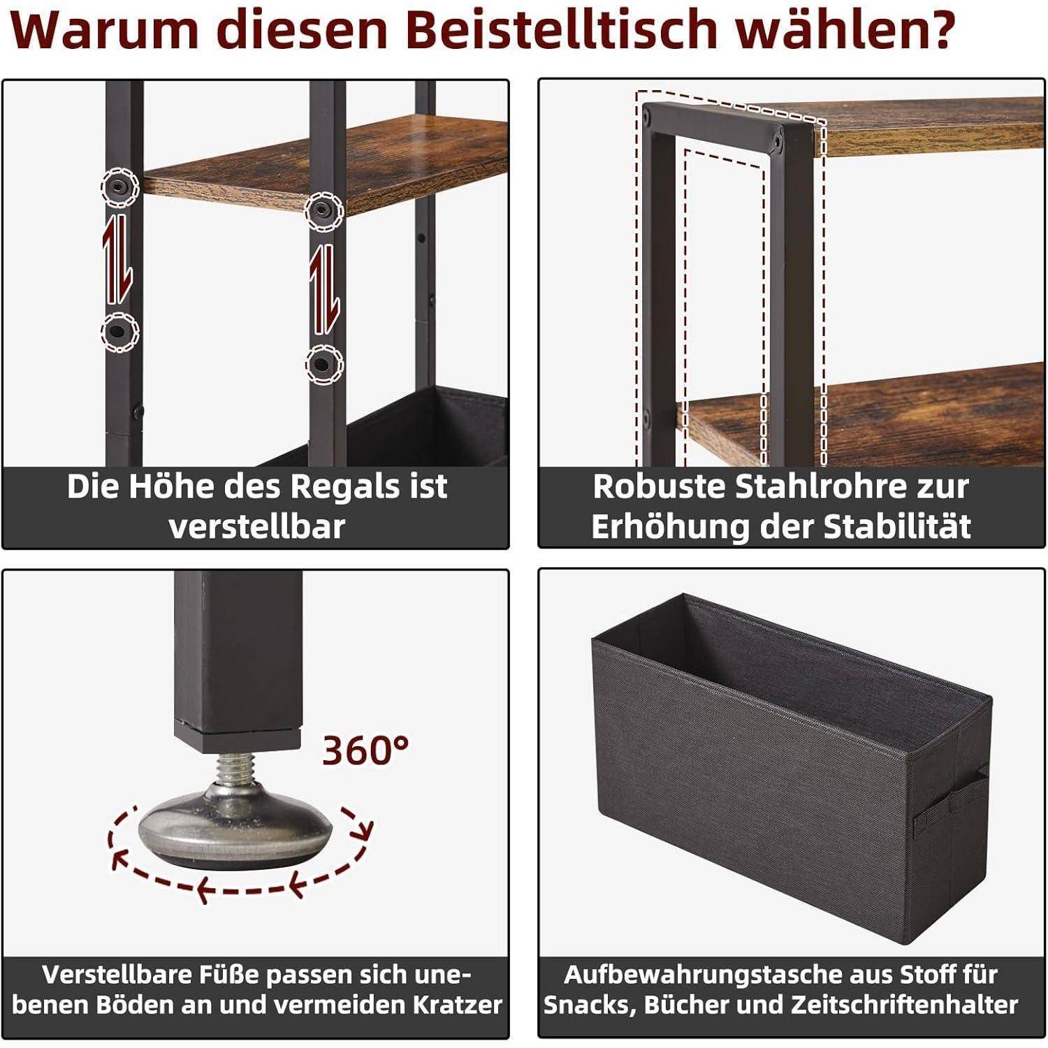 Beistelltisch 3stufig schmal Ablagefach Stoffkorb Rustikales Braun
