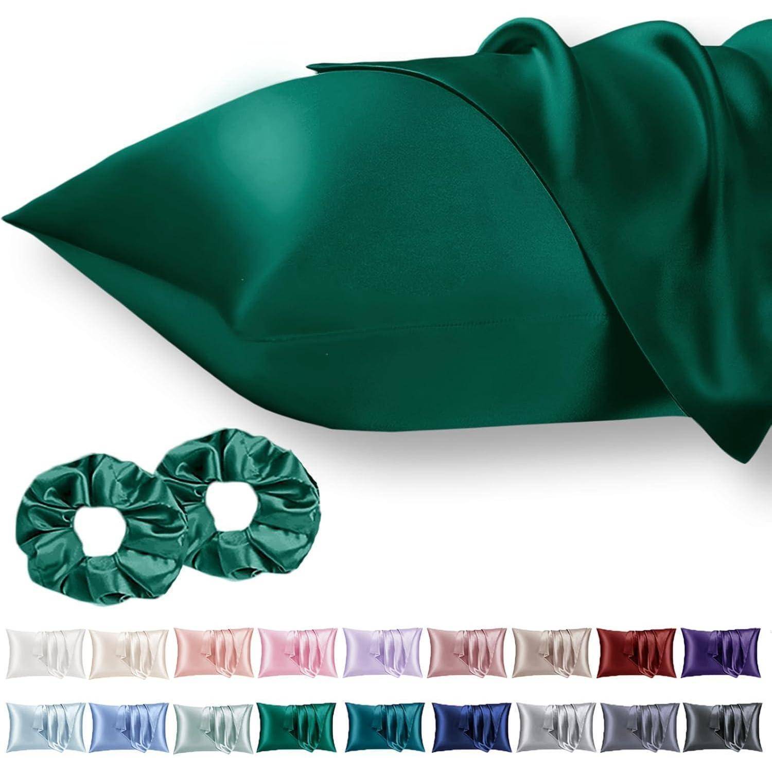 Kissenbezug Satin 50x75 Grün Set 2er Haargummis 50x75cm Dunkelgrün 2