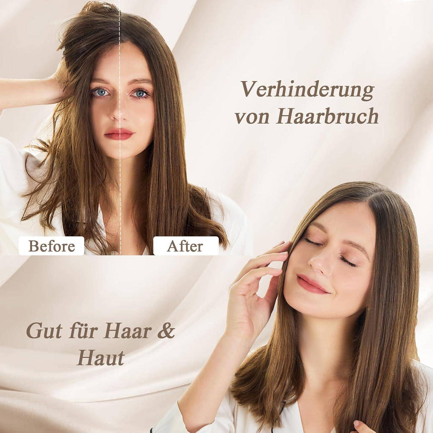 Vorher- und Nachher-Vergleich zur Darstellung von Haarverbesserung, beschriftet mit 'Verhinderung von Haarbruch' und 'Gut für Haar & Haut'.