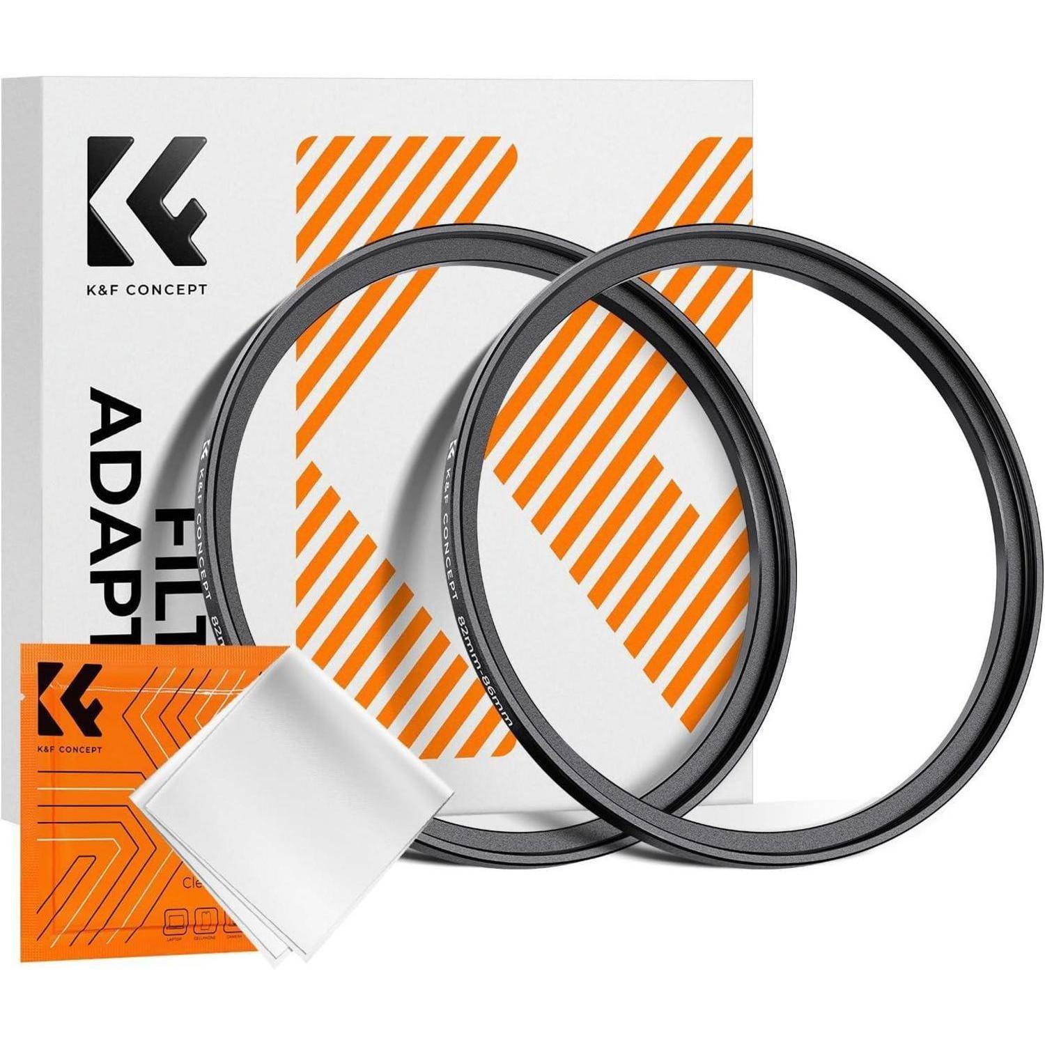 K&F Concept Filteradapter, orange-weiße Box, zwei schwarze runde Adapter, Mikrofasertuch im Lieferumfang enthalten.