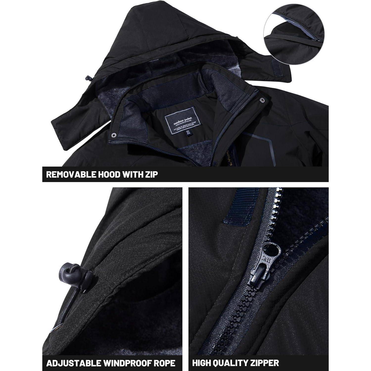 Outdoor-Jacke Details mit 'Abnehmbarer Kapuze mit Reißverschluss', 'Verstellbare winddichte Kordel' und 'Hochwertige Reißverschlüsse'. Inklusive Gewebestruktur.
