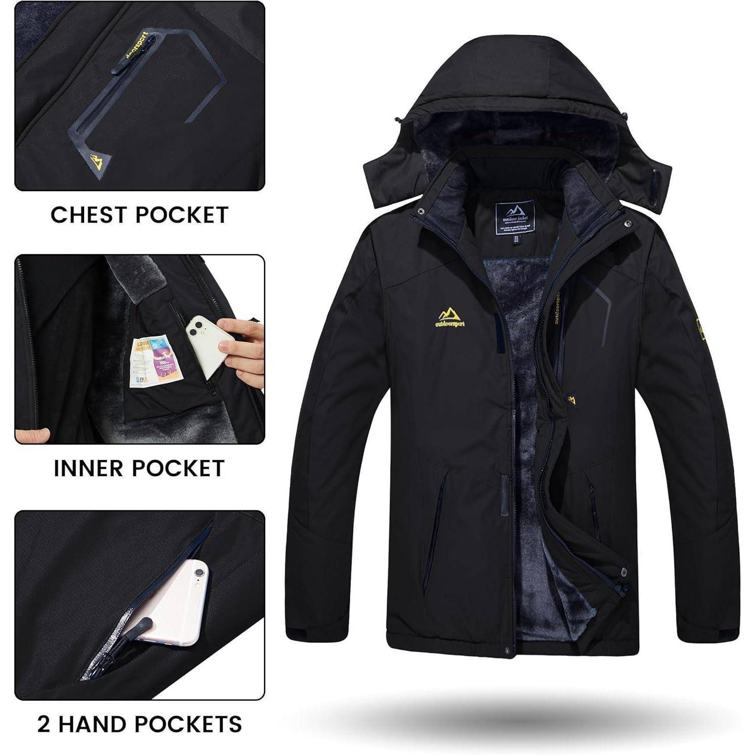 Eine schwarze Jacke mit folgenden Merkmalen: eine Brusttasche, geeignet für kleine Gegenstände, eine Innentasche für sichere Aufbewahrung und zwei Handtaschen.