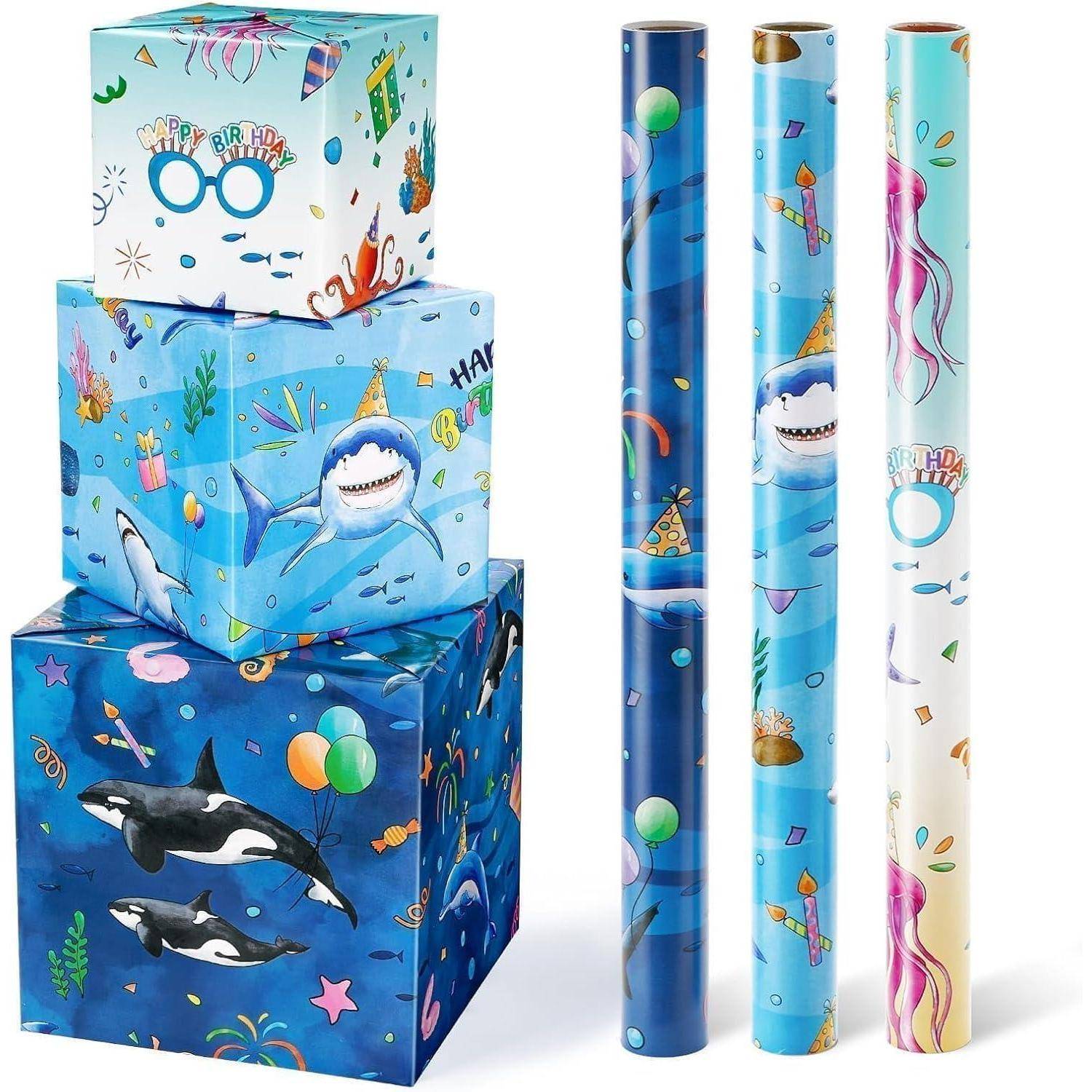Geschenkpapier Unterwasserwelt Delfin Kinder 3 Rollen Blauer Ozean